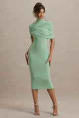 Cecille | Light Green Midi Dress With Cape Sleeve Detail