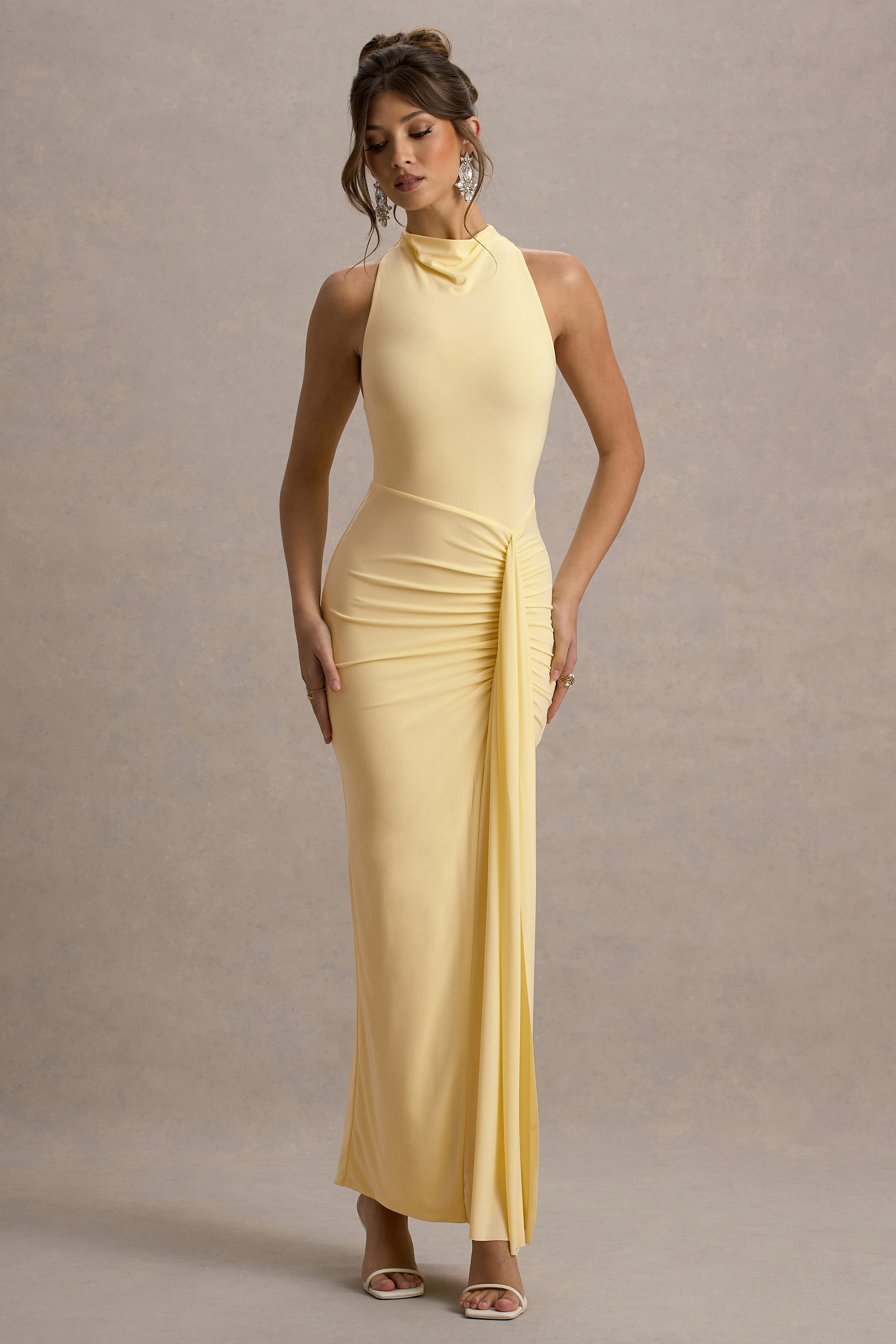 Sunflower | Pale Lemon Ruched High-Neck Split Maxi Dress