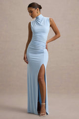 Lanetta | Powder Blue Ruched High-Neck Maxi Dress With Split