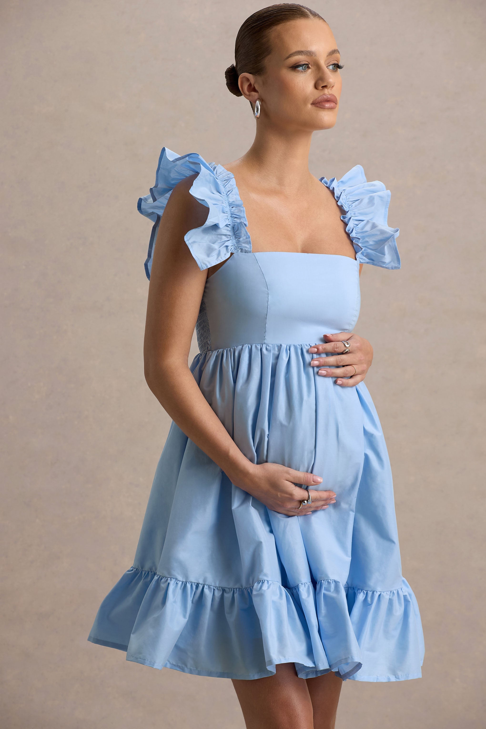 Dolly Daze | Powder Blue Ruffle Sleeve Babydoll Maternity Mini Dress