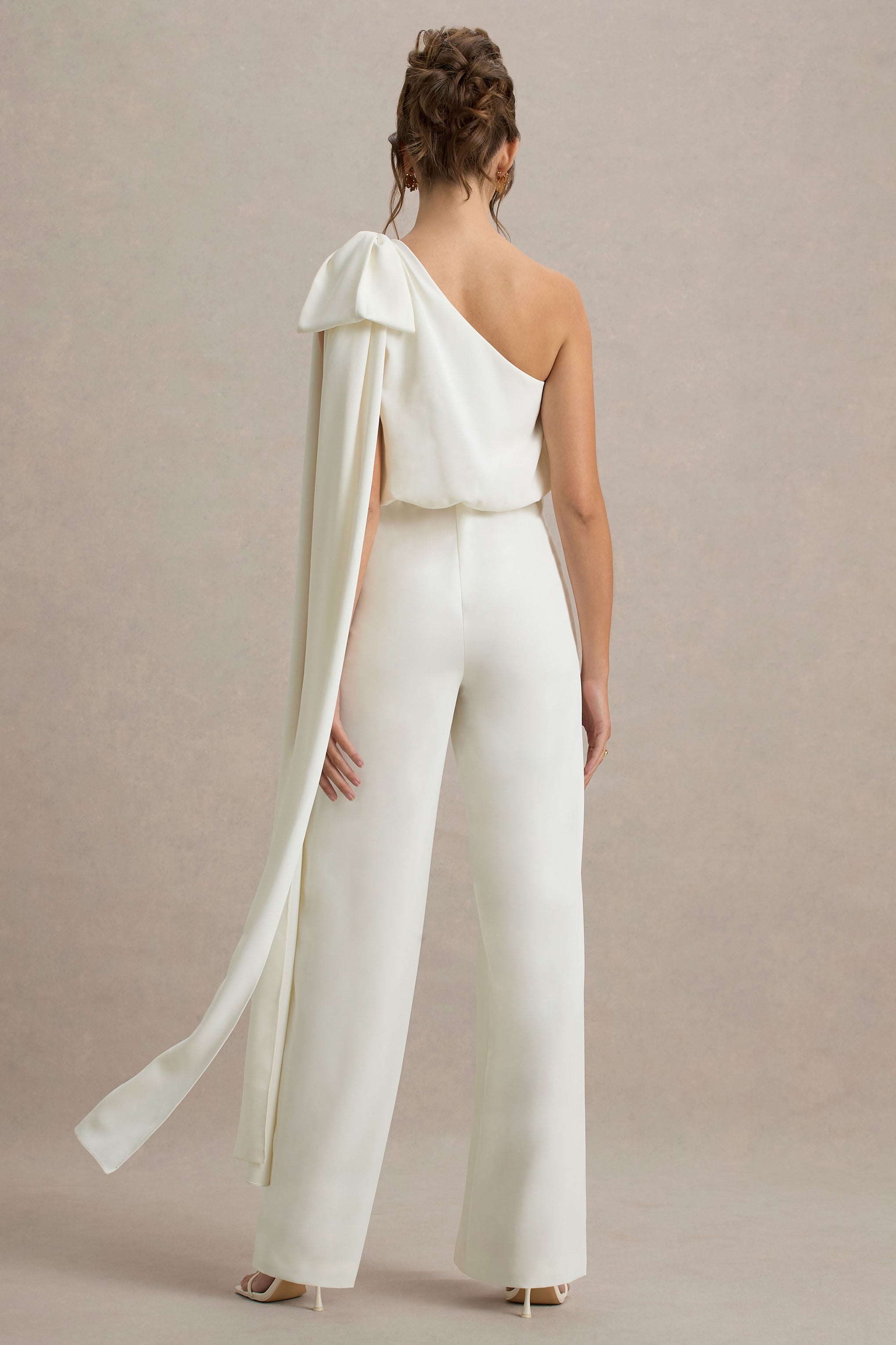Alice | Cream Asymmetric Bow Shoulder Jumpsuit With Drape