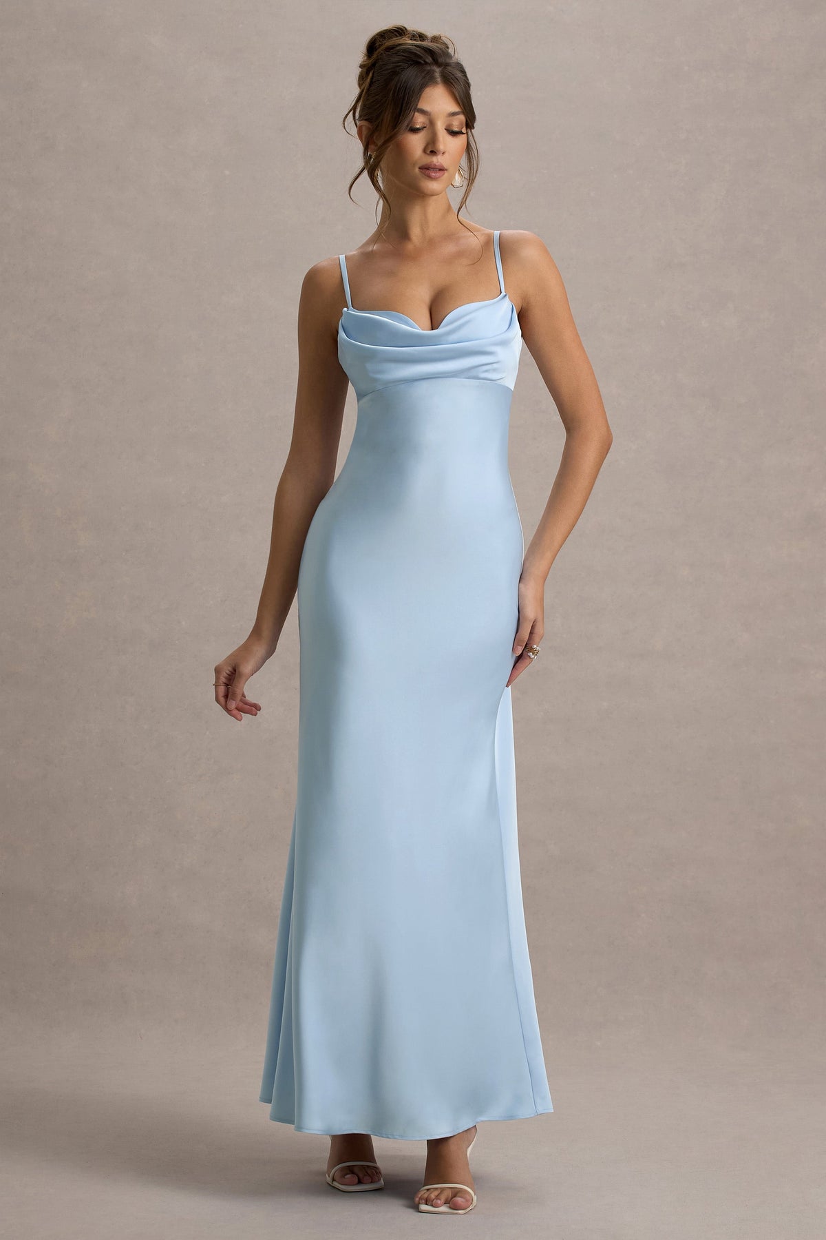 Eimear | Powder Blue Satin Draped Sweetheart Maxi Dress