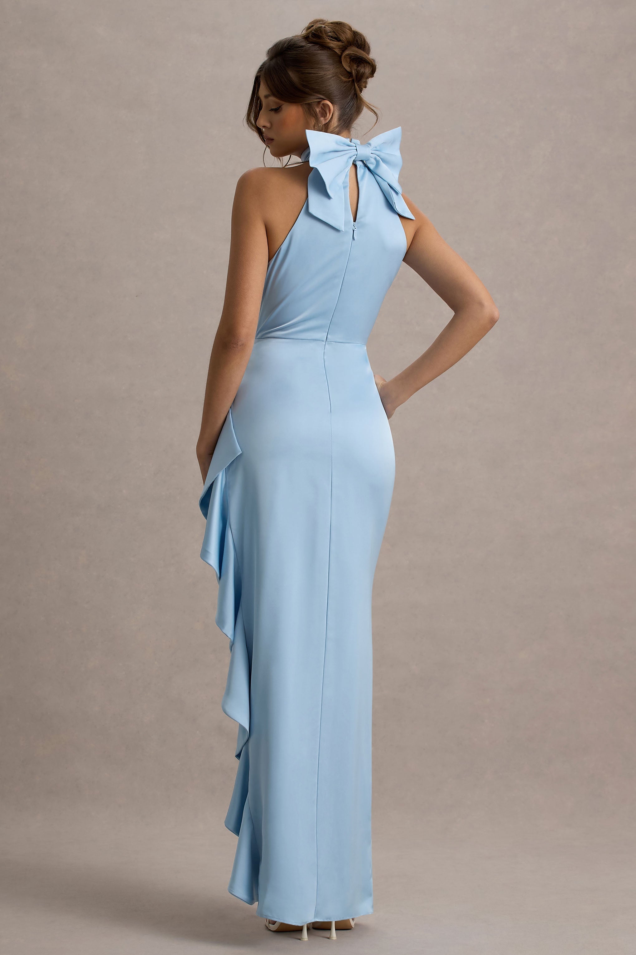 Maureen | Powder Blue Satin High-Neck Draped Maxi Dress