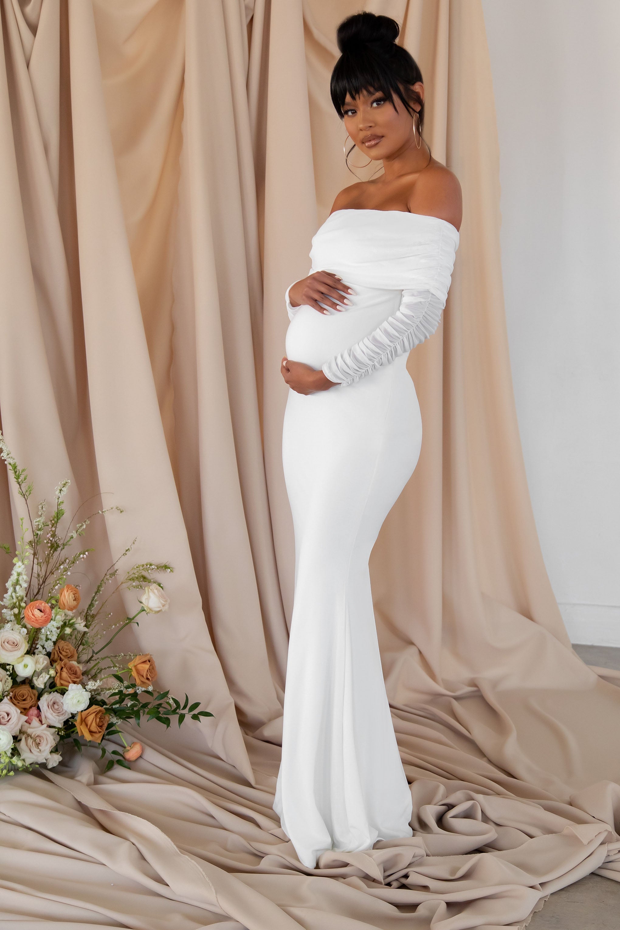 Pretty Perfect | White Maternity Ruched Mesh Bardot Maxi Dress