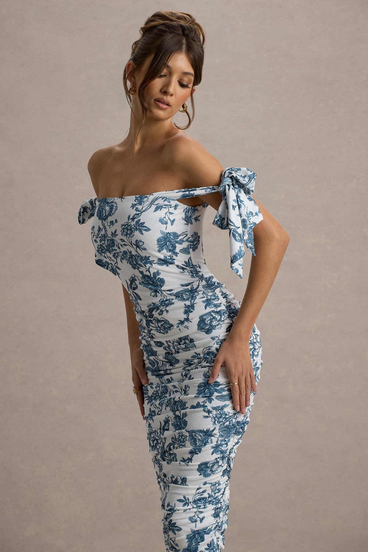 Citrus | Blue Porcelain Print Bardot Bodycon Midi Dress With Bow Sleeves