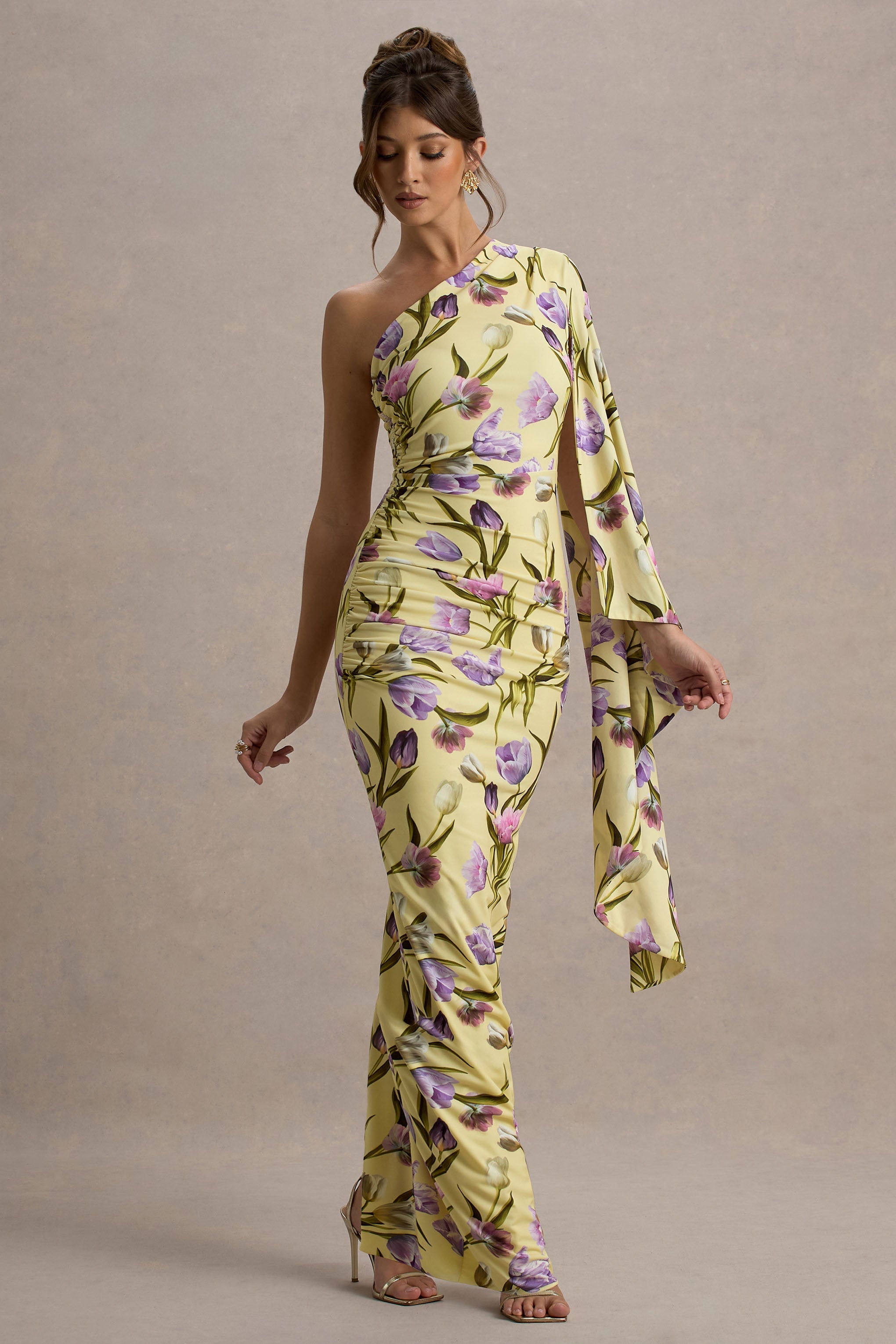 Clementina | Tulip Floral Print Asymmetric Cape Sleeve Maxi Dress