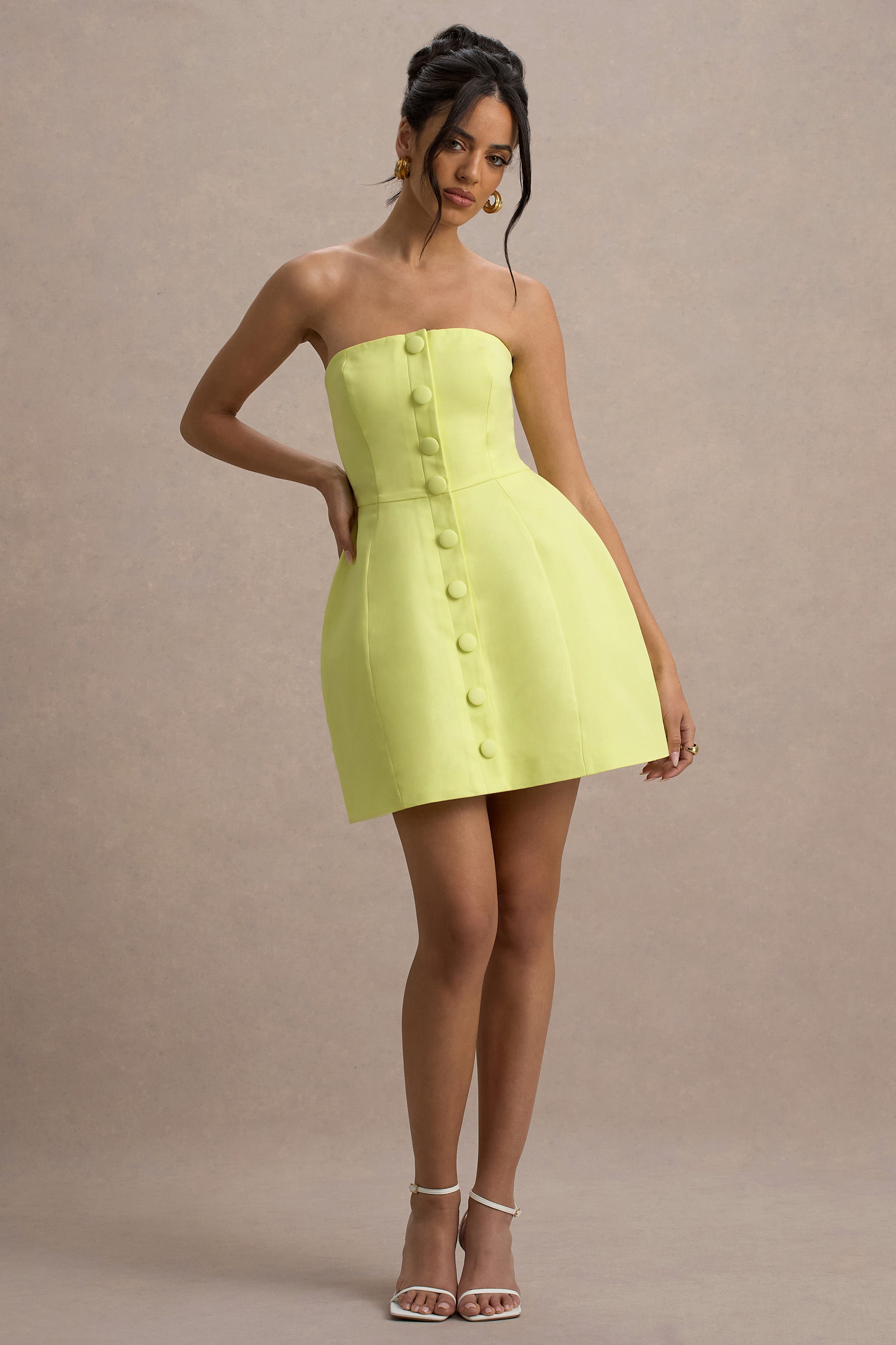Anniston | Lemon Bandeau Tailored Button Mini Dress