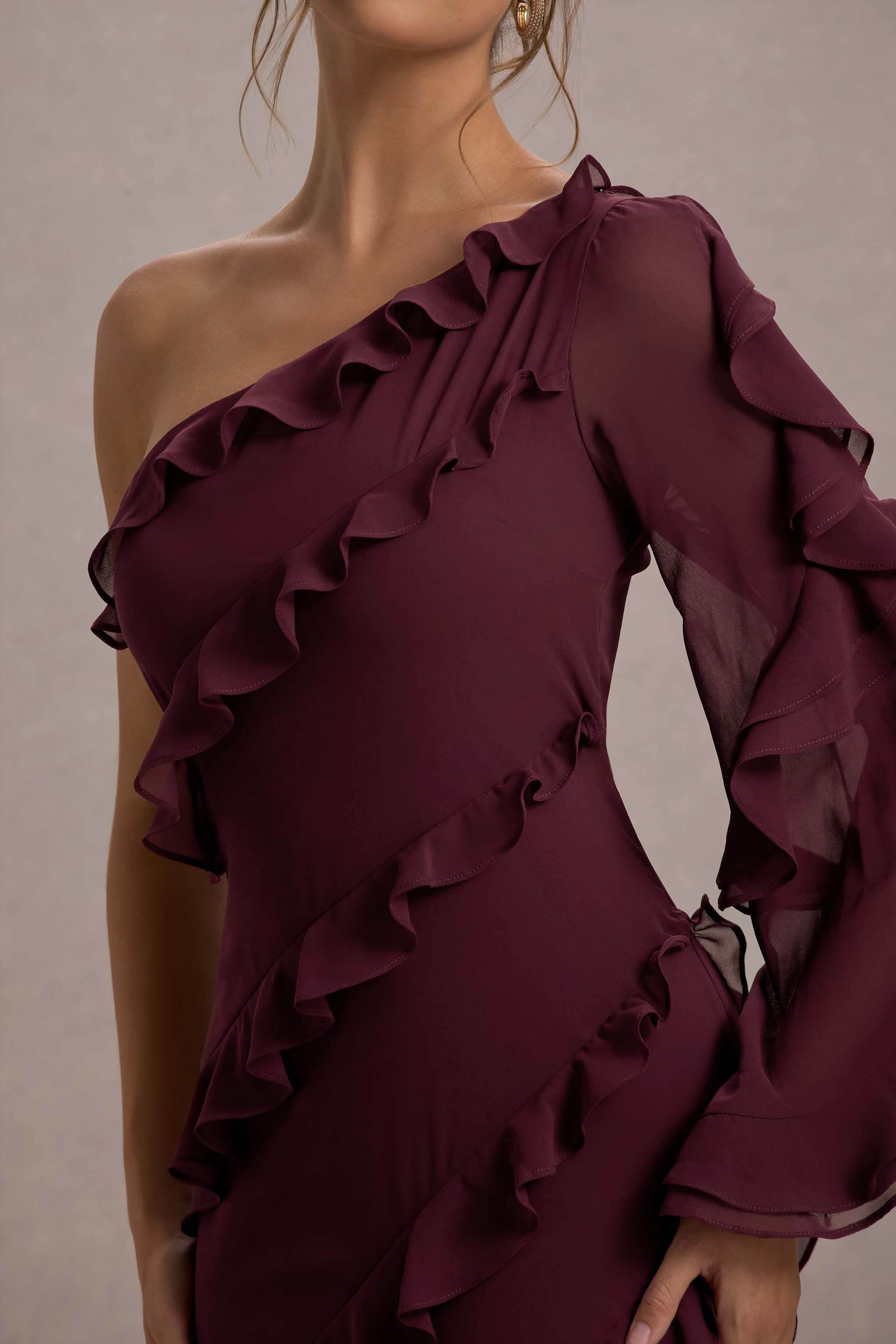 Lalika | Burgundy Asymmetric One-Sleeve Ruffle Maxi Dress