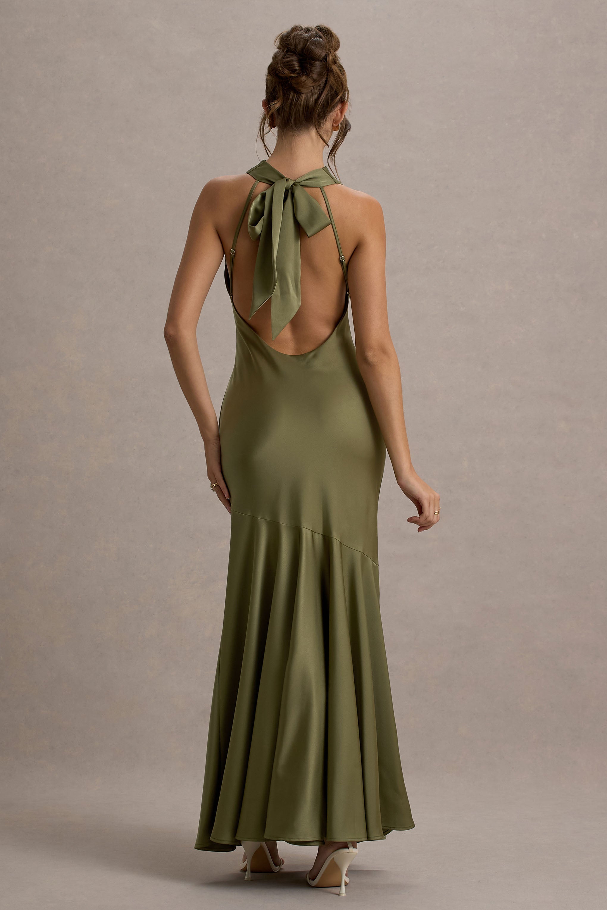 Amelita | Khaki Satin Cowl-Neck Maxi Dress