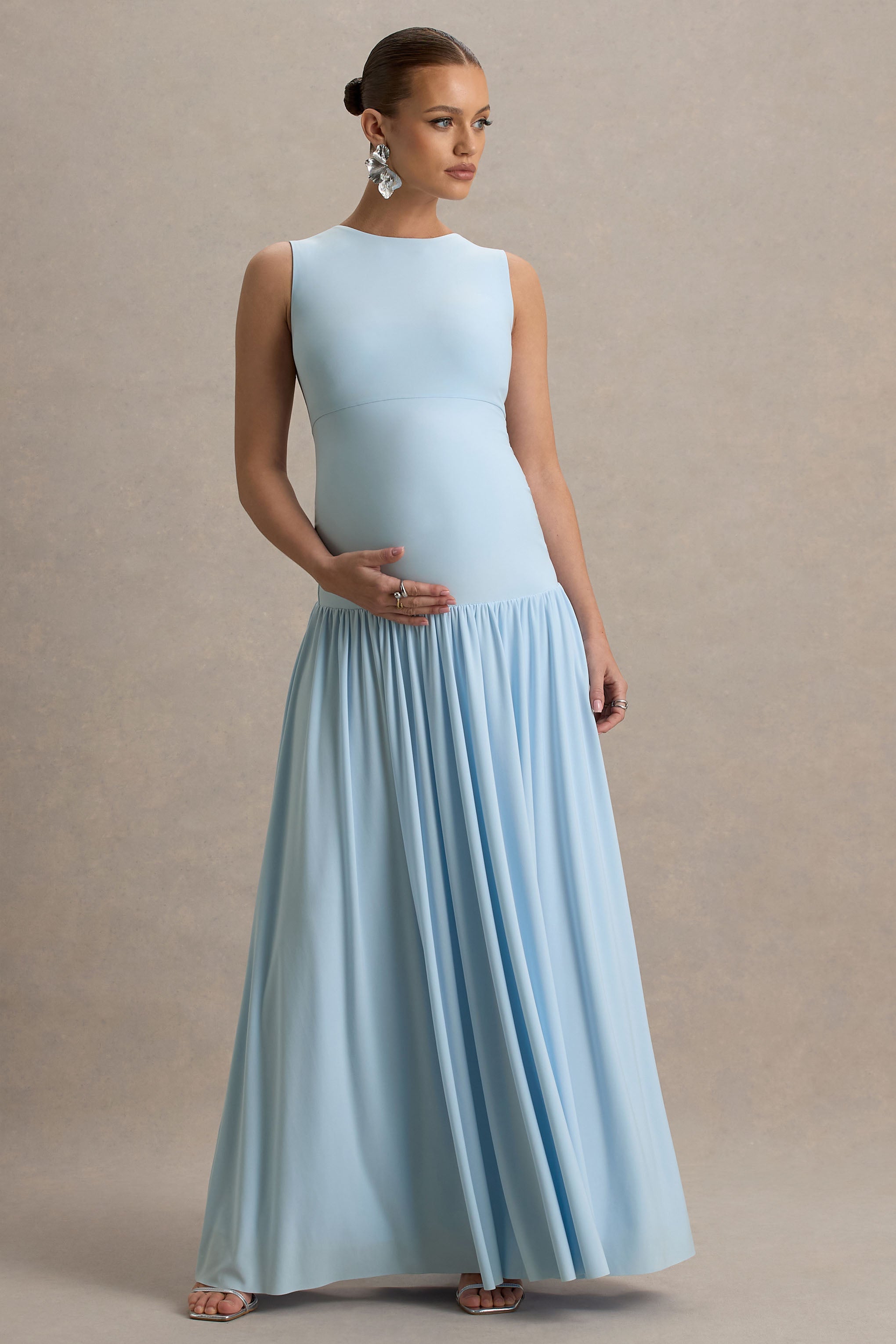 Outline | Powder Blue Maternity Maxi Dress With Draped Skirt