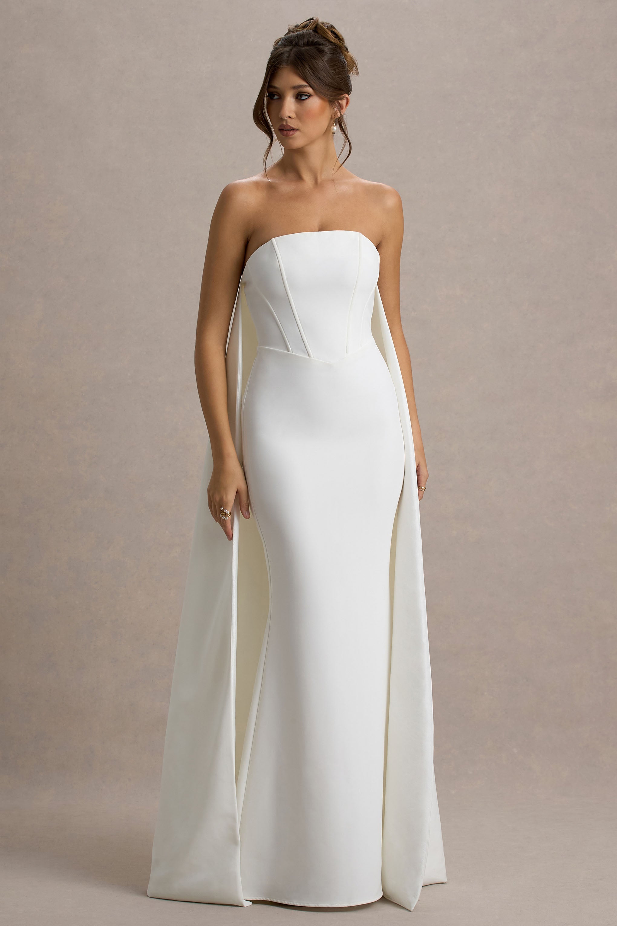 She's Trouble | White Bandeau Maxi Dress With Cape