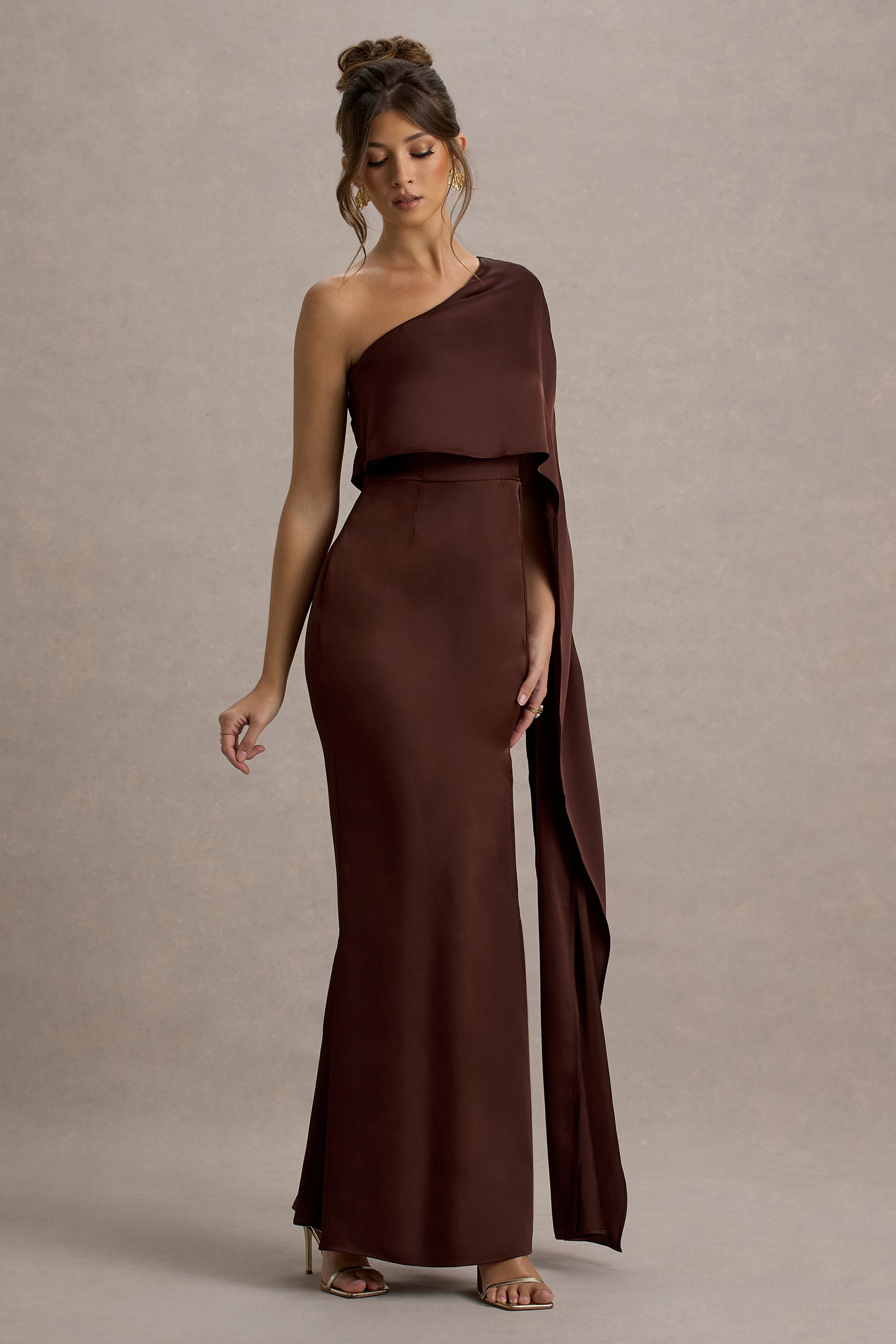 Amora | Brown Satin Asymmetric Cape-Sleeve Split Maxi Dress