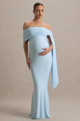 Aquila | Powder Blue Bardot Maternity Maxi Dress With Drape Sleeve