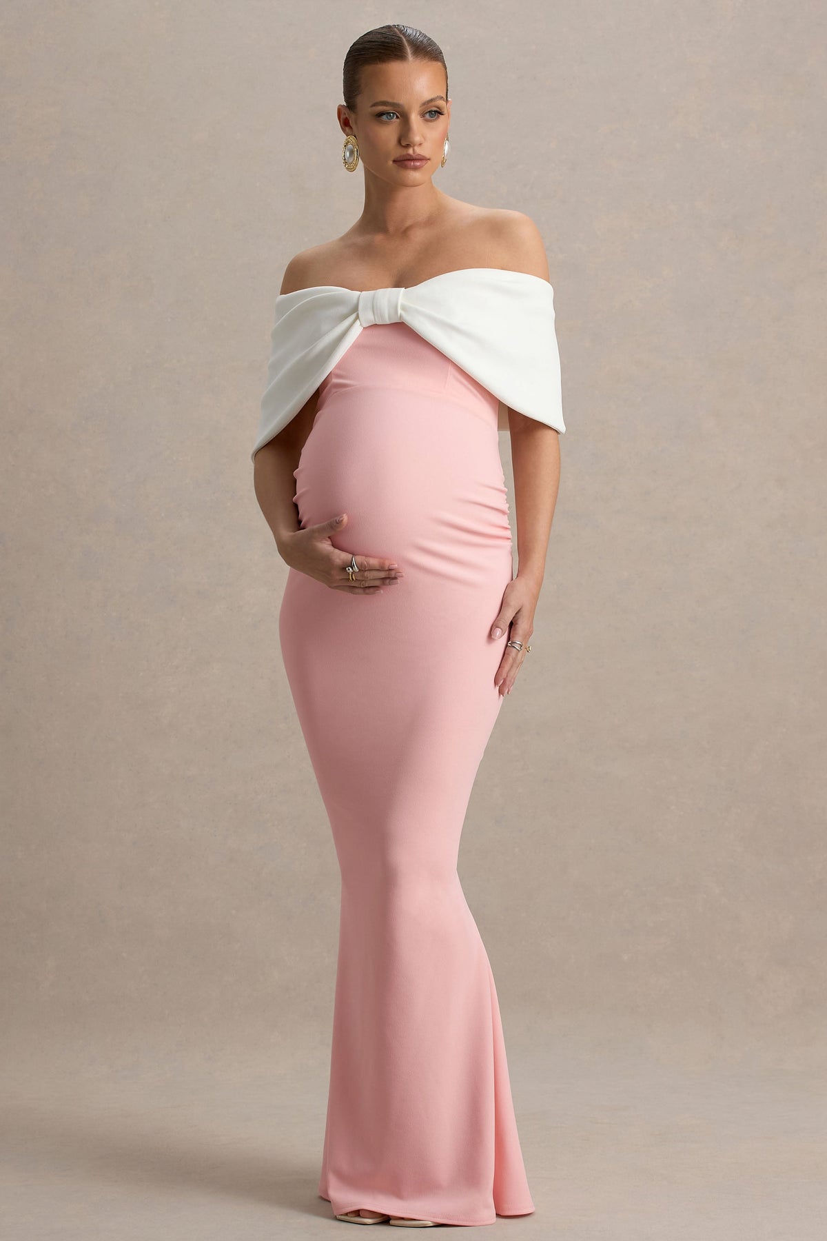 Libra | Pink & White Bow Bardot Maternity Maxi Dress