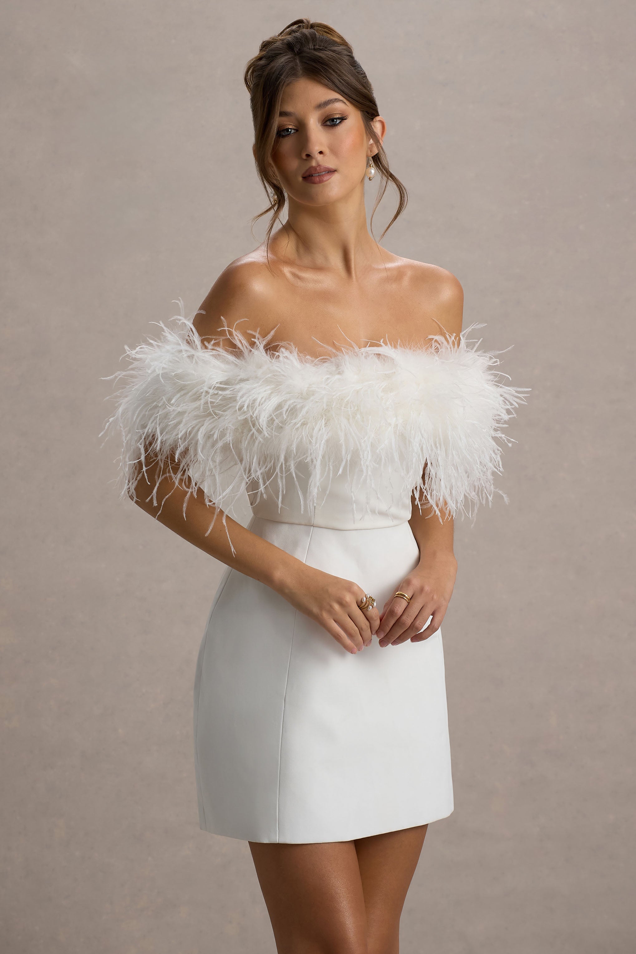 Palace | White Bardot Mini Dress With Feather Trim