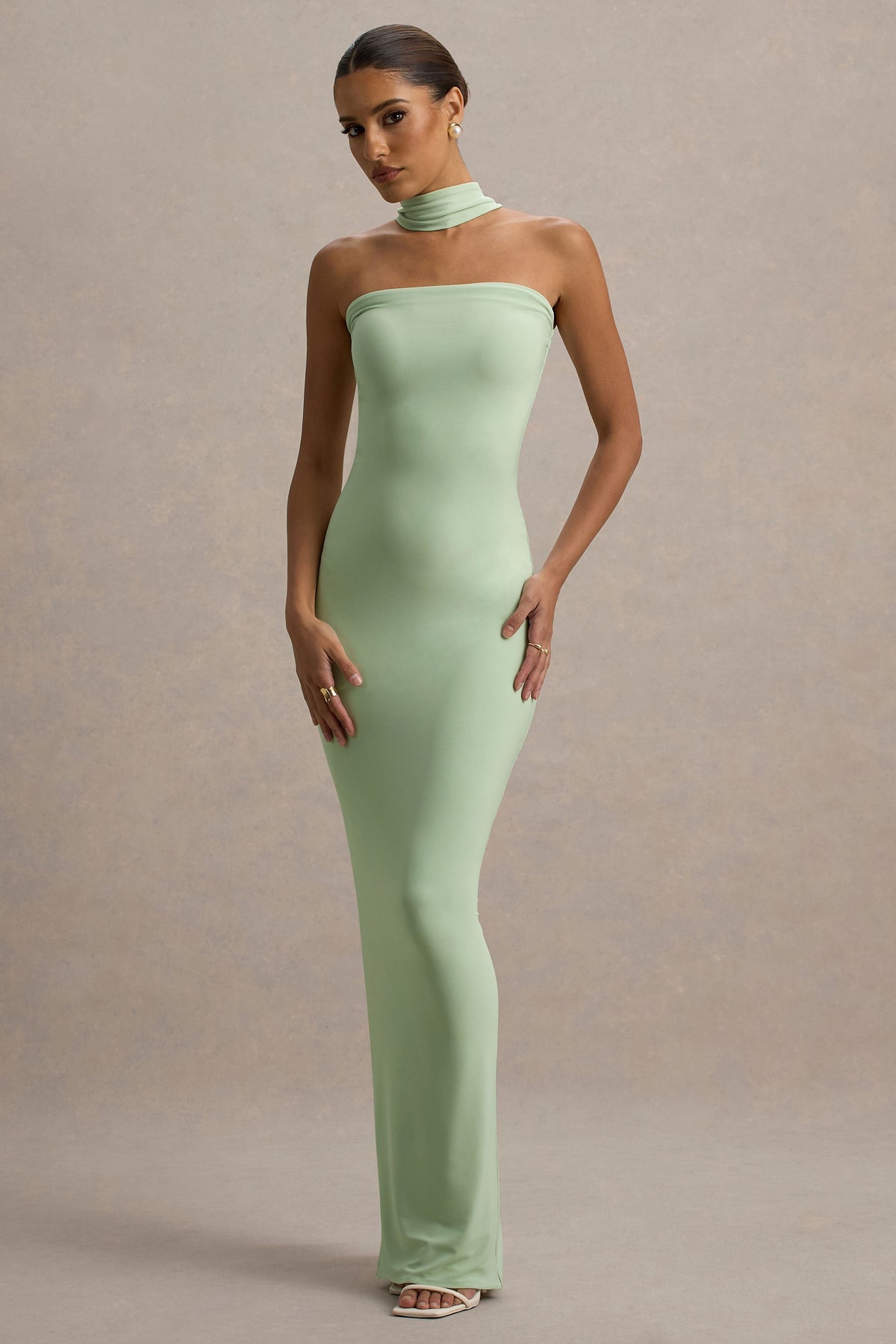 Nobu | Light Green Bandeau Maxi Dress With Halter-Collar