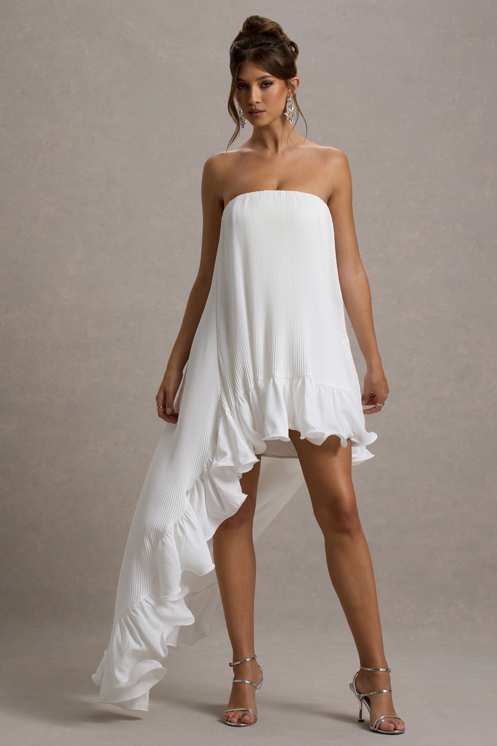 Whistler | White Chiffon Bandeau High-Low Ruffled Maxi Dress