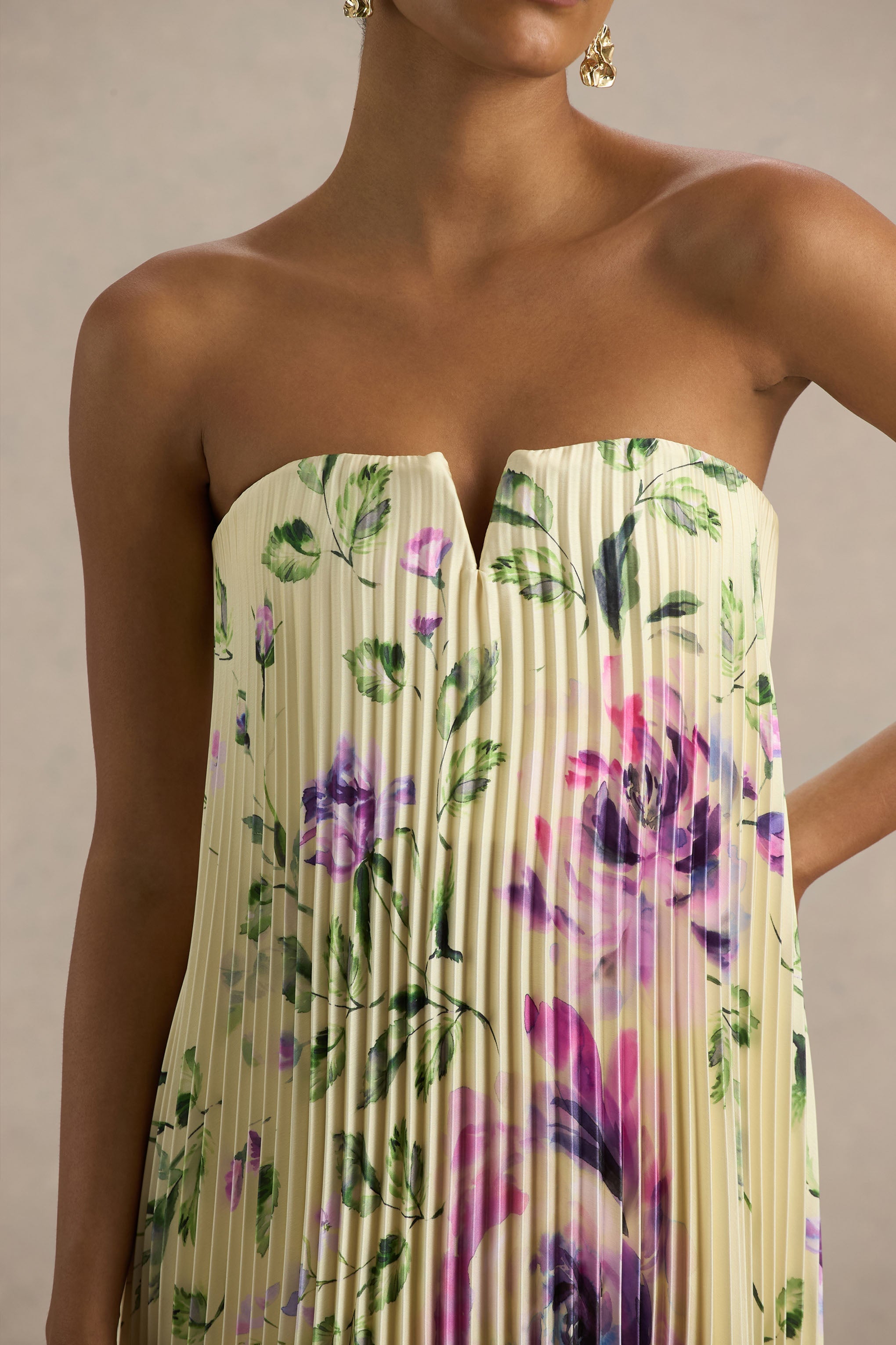 Bergamot | Lemon Rose Print Satin Sweetheart Maxi Dress