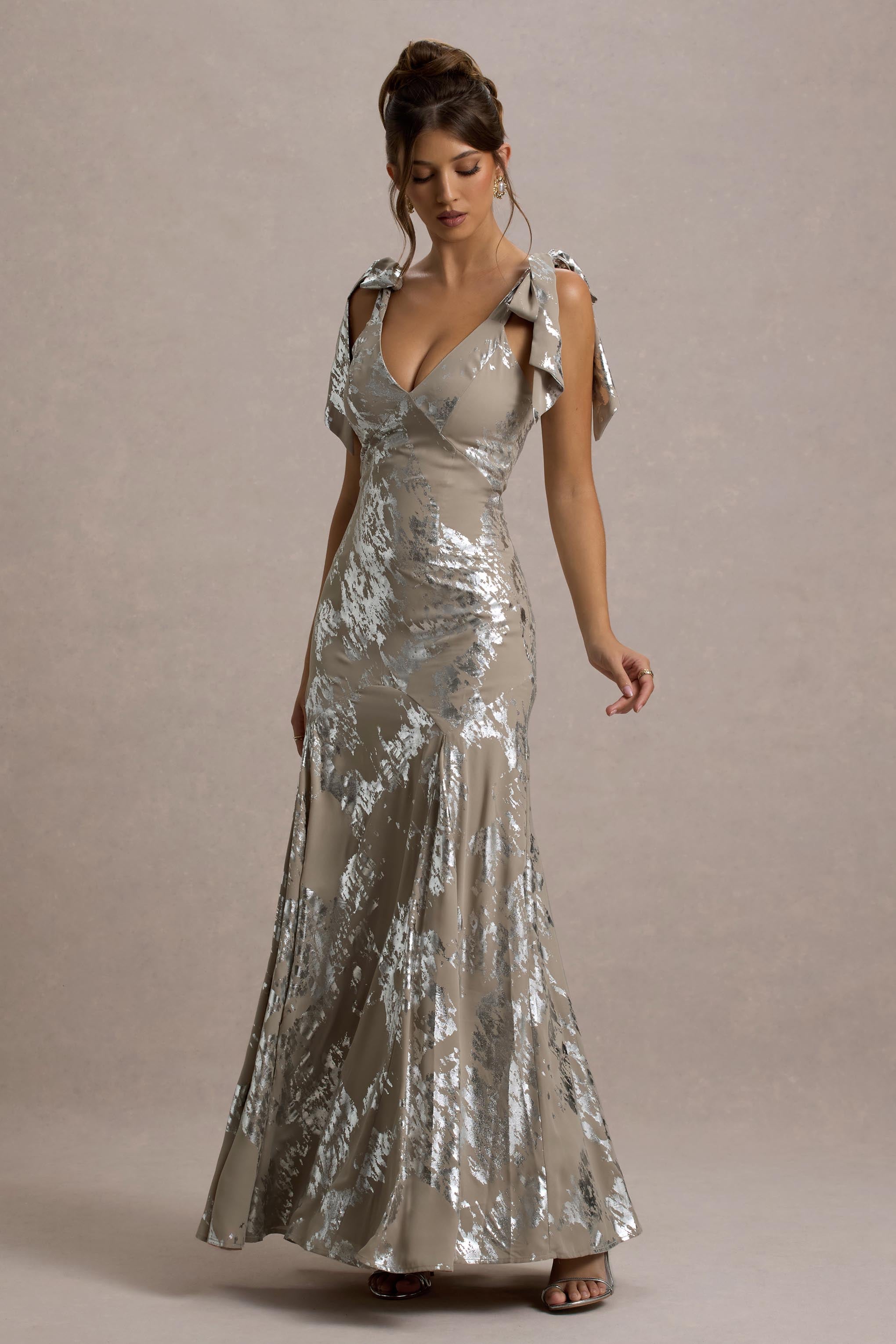 Lula | Champagne Metallic Plunge-Neck Maxi Dress With Bow Straps
