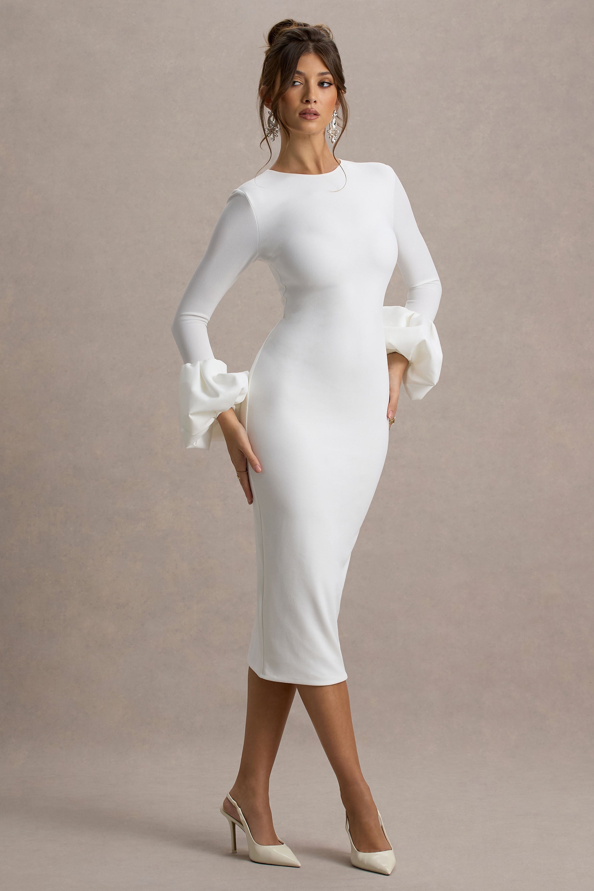 Celie | White Long-Sleeve Midi Dress With Puff Cuffs