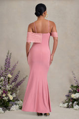 Augusta | Blush Pink Mesh Bardot Strappy Split Maternity Maxi Dress