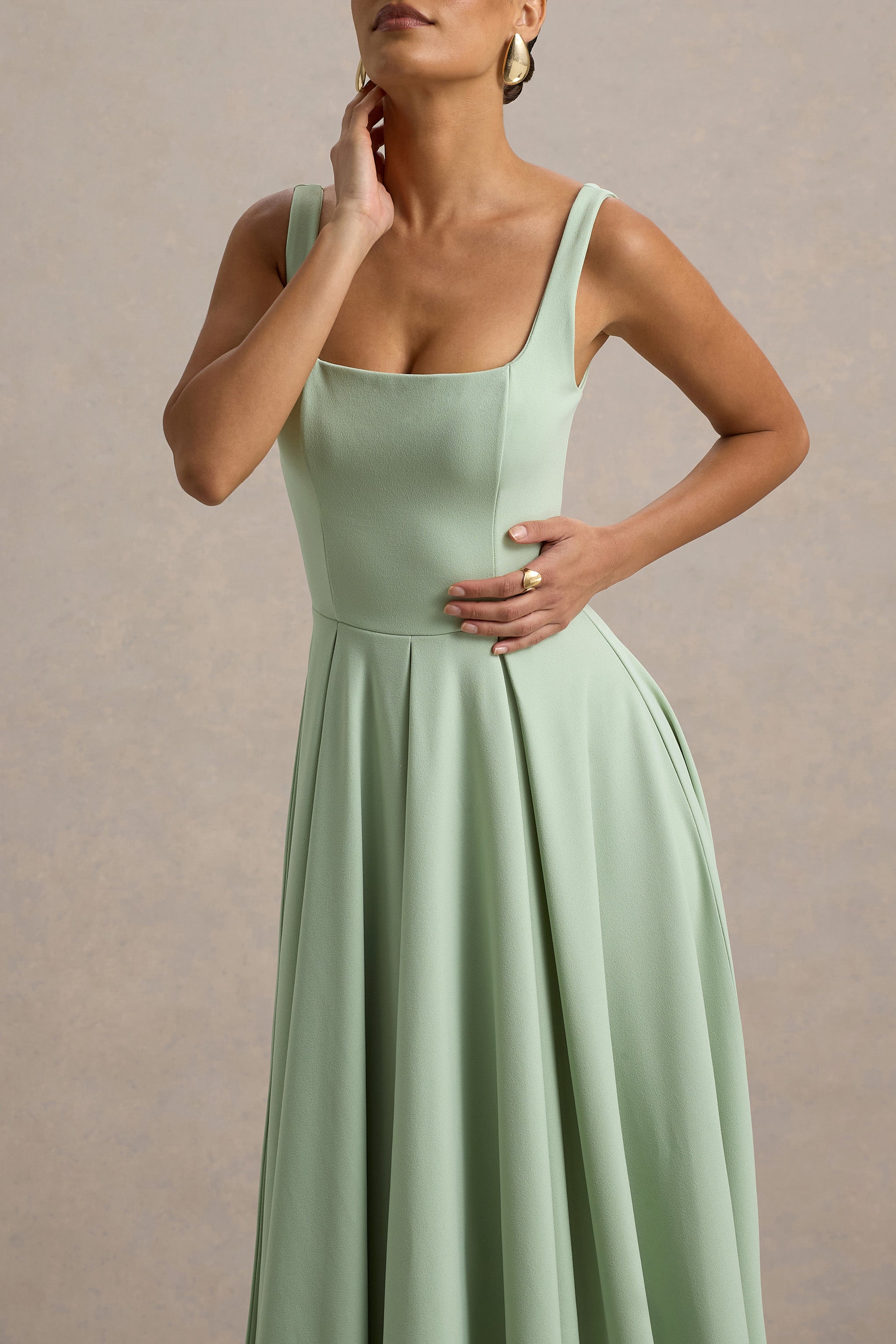 Parina | Light Green Strappy Volume-Hem Midi Dress