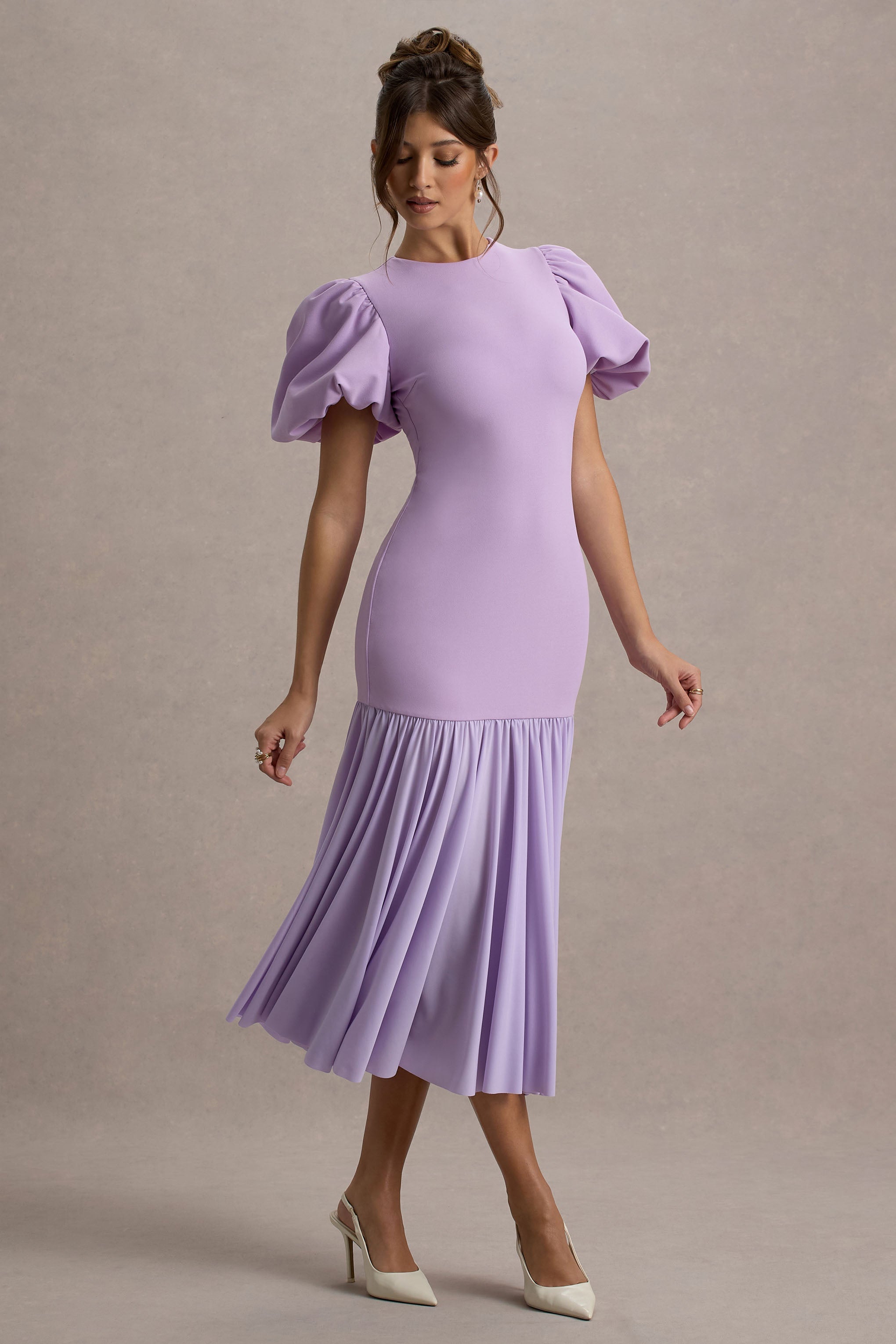 Cinzia | Lilac Puff-Sleeve Volume-Hem Midi Dress