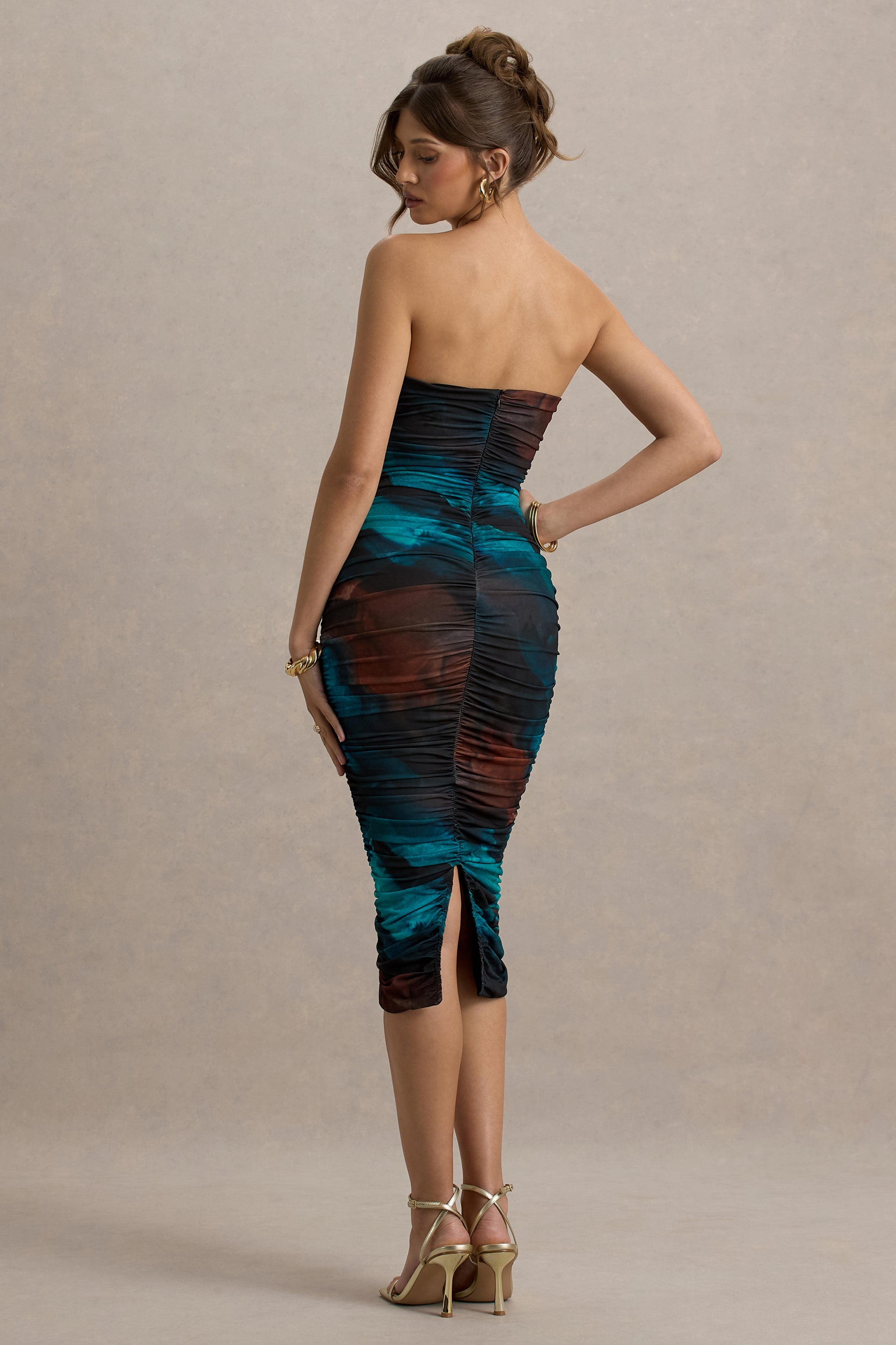 My Girl | Blue Print Strapless Bodycon Ruched Mesh Midi Dress