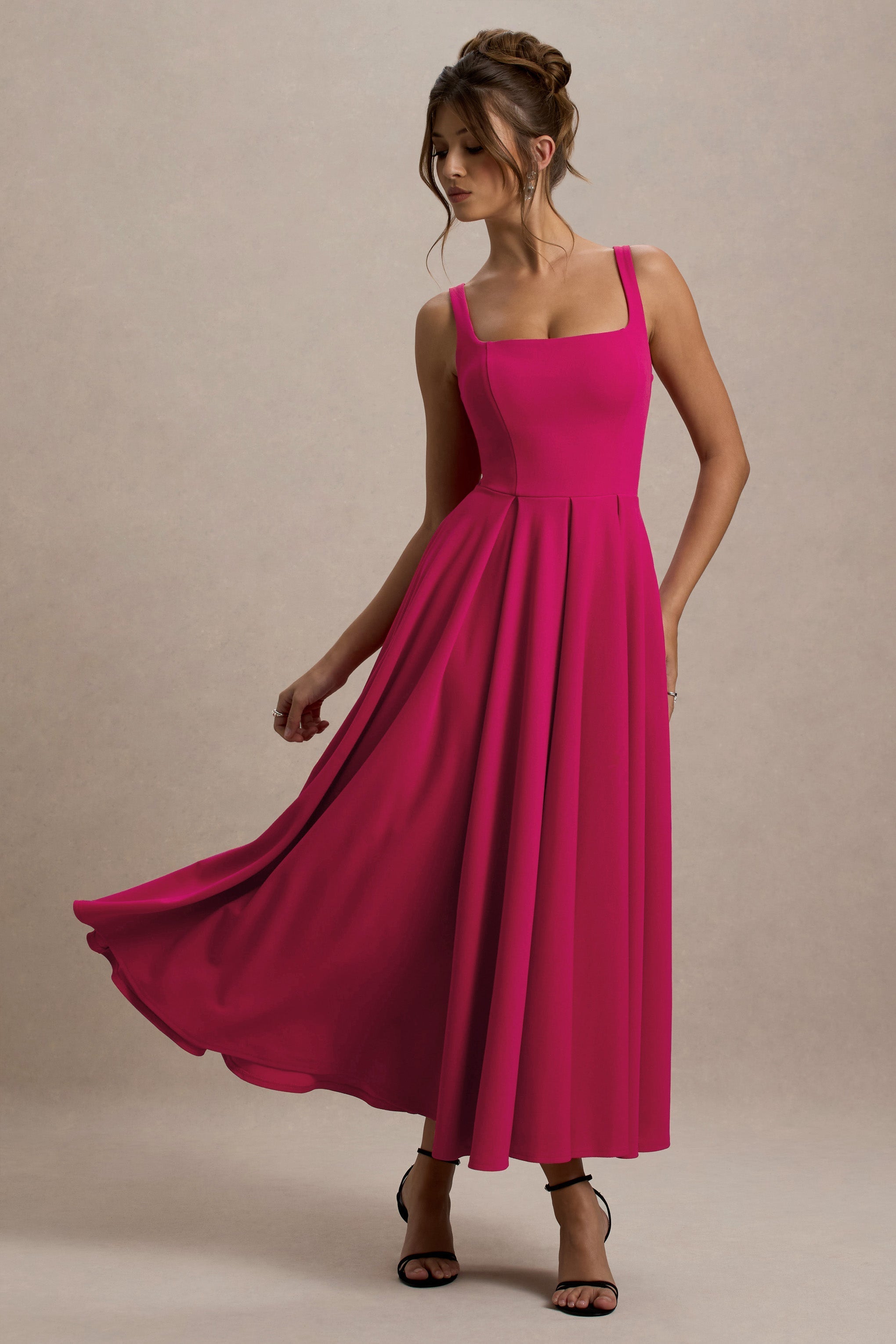 Parina | Hot Pink Strappy Volume-Hem Midi Dress