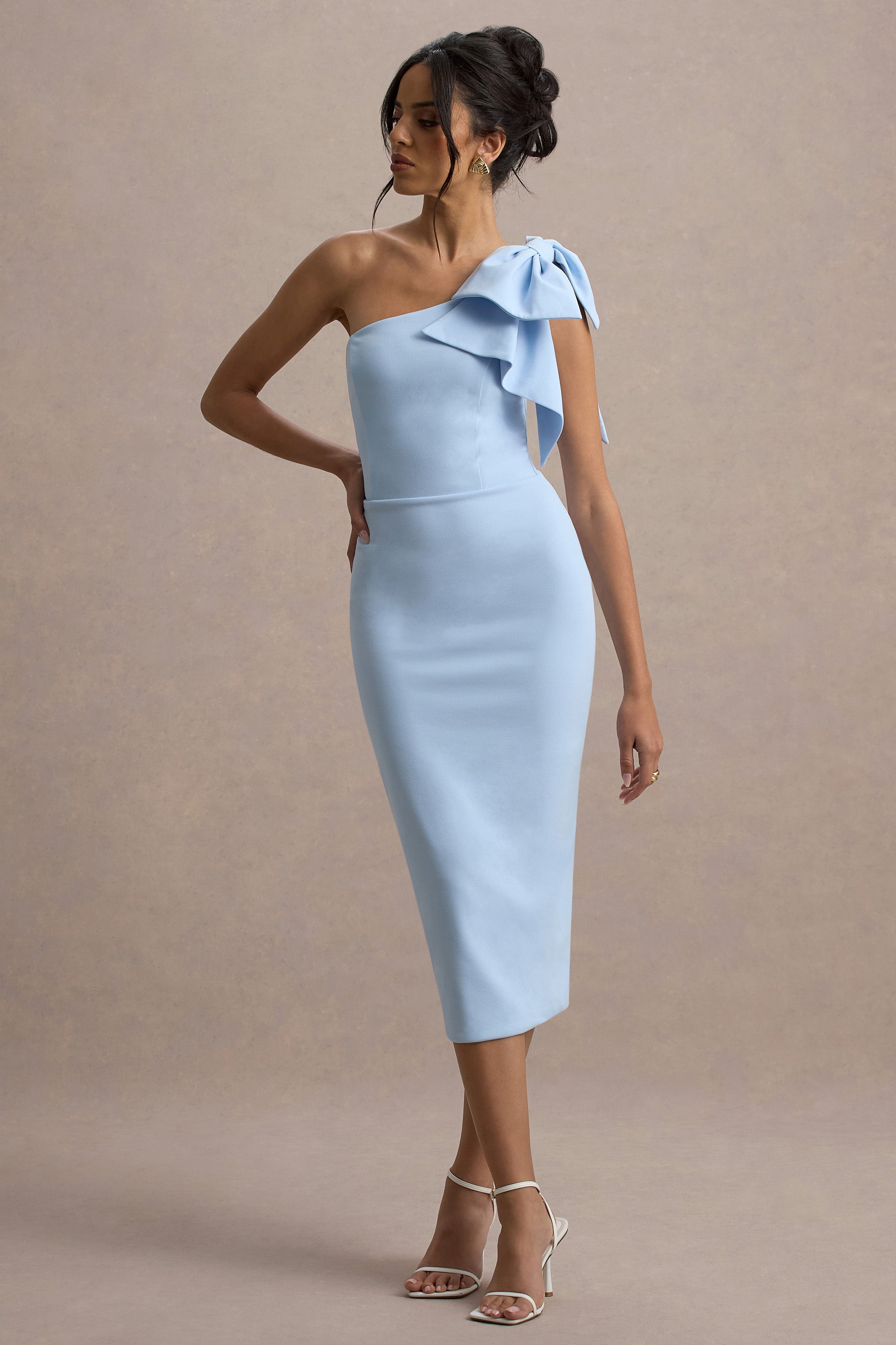 Ambretta | Powder Blue One-Shoulder Midi Dress With Bow