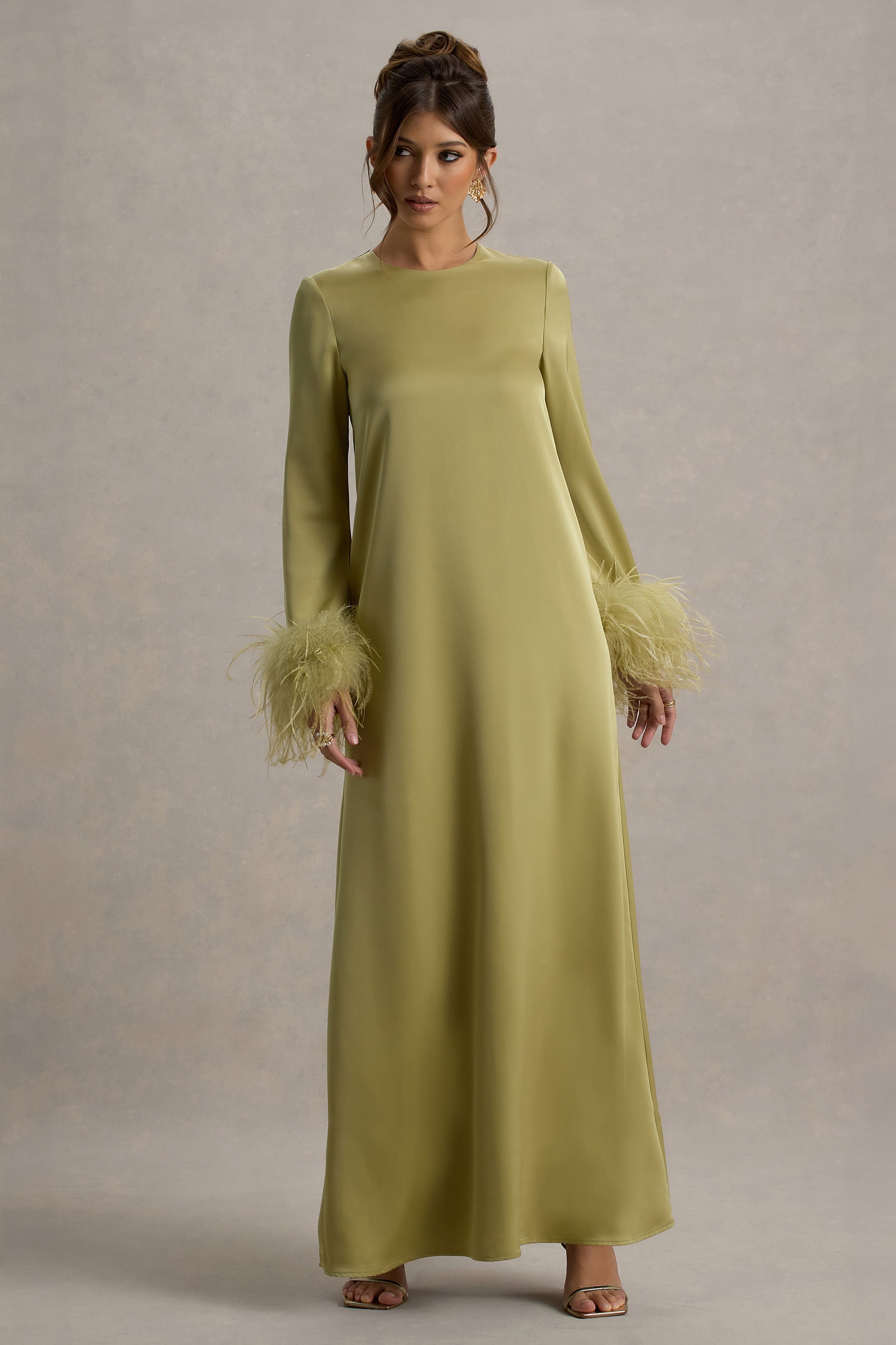 Adella | Light Green Satin Feather-Trim Maxi Dress