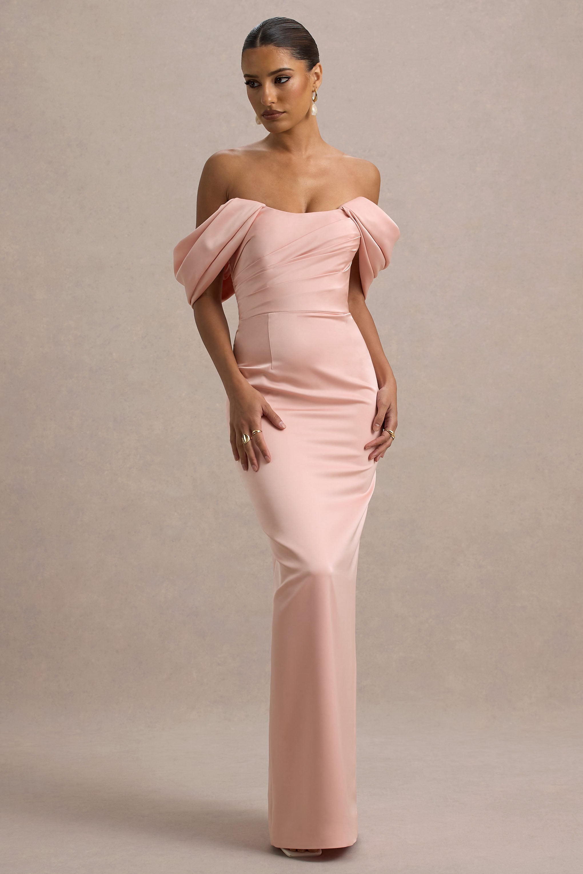 Annita | Light Pink Satin Bardot Maxi Dress