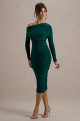 Sinclair | Bottle Green Ruched One-Shoulder Bodycon Midi Dress