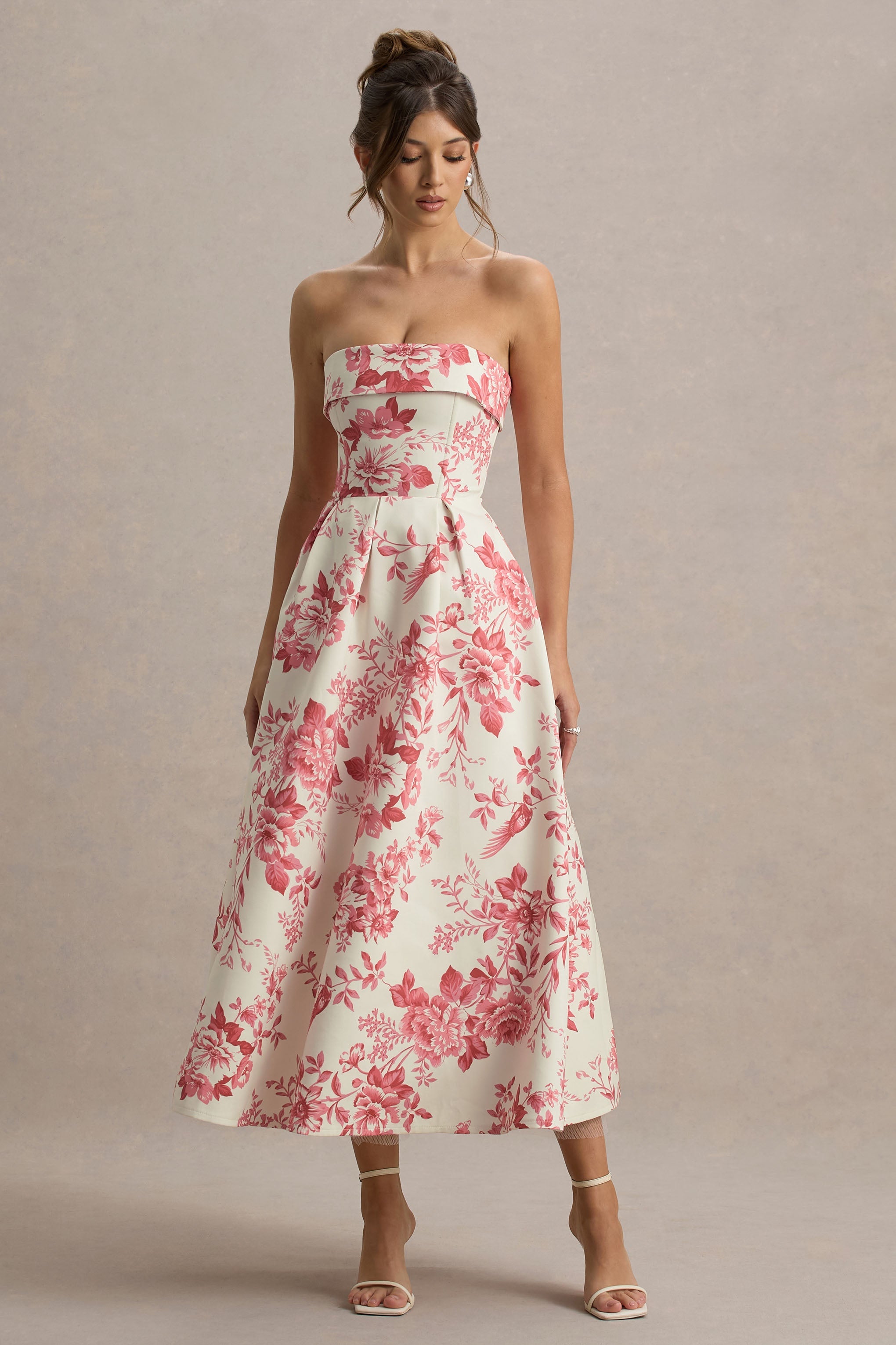 Annalise | Pink Porcelain Print Bandeau Skater Midi Dress