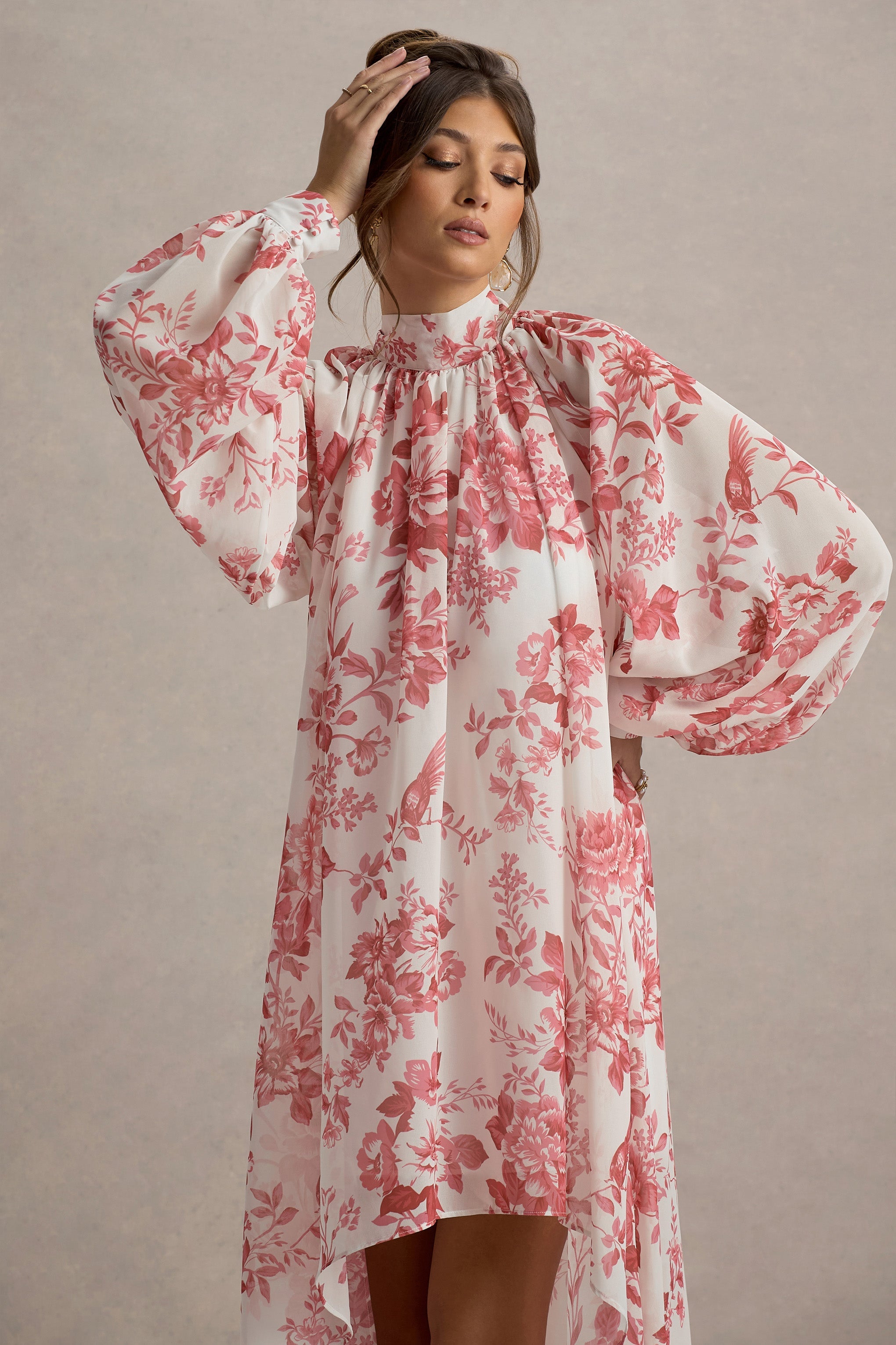 Delphia | Pink Porcelain Print High-Neck Maxi Dress With High-Low Hem