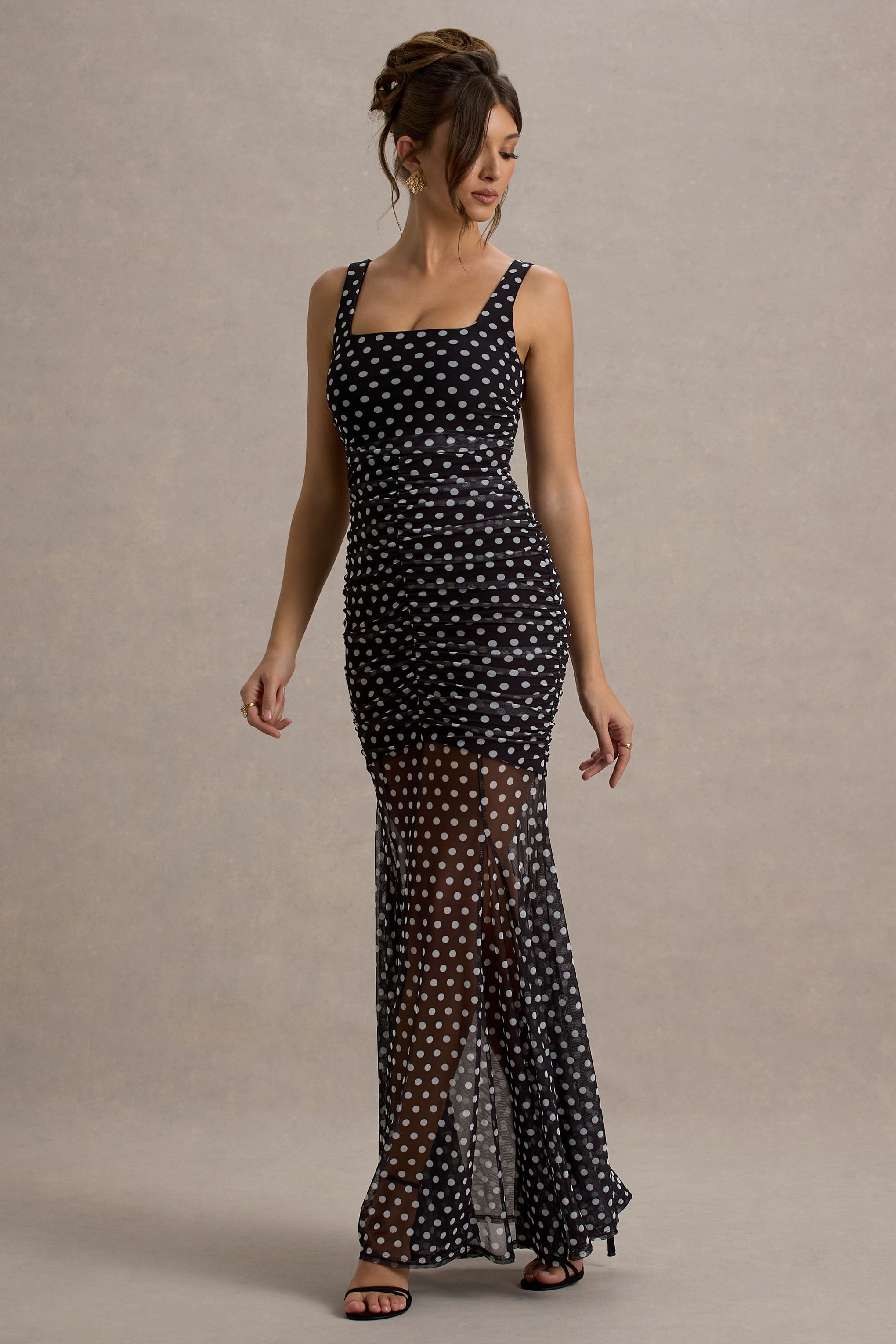 Galaxia | Black & White Polka Dot Maxi Dress With Mesh Skirt