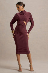 Pandora | Burgundy Long-Sleeve Midi Dress With Cut-Out