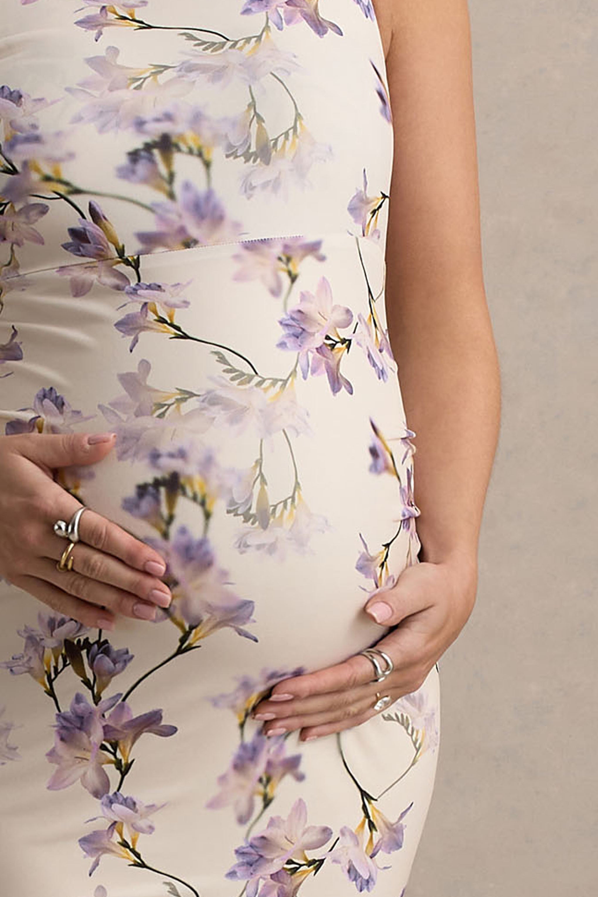 Katarine | Peach Floral Print Asymmetric Knot Maternity Midi Dress