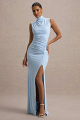 Lanetta | Powder Blue Ruched High-Neck Maxi Dress With Split