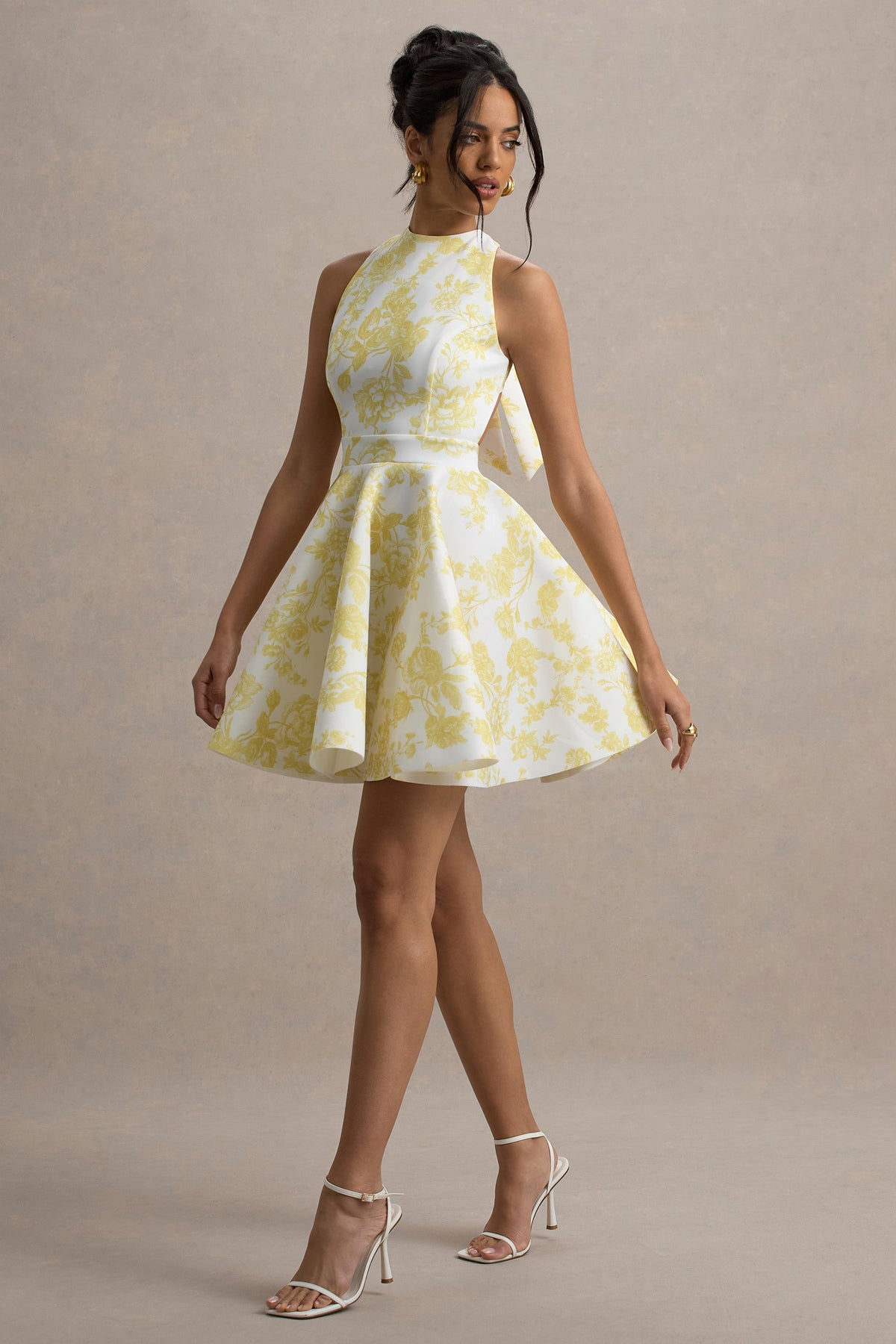 Waverly | Yellow Porcelain Print Racer-Neck Sleeveless Skater Mini Dress