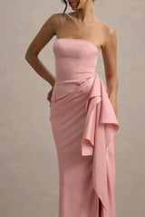 Loz | Light Pink Satin Bandeau Draped Maxi Dress