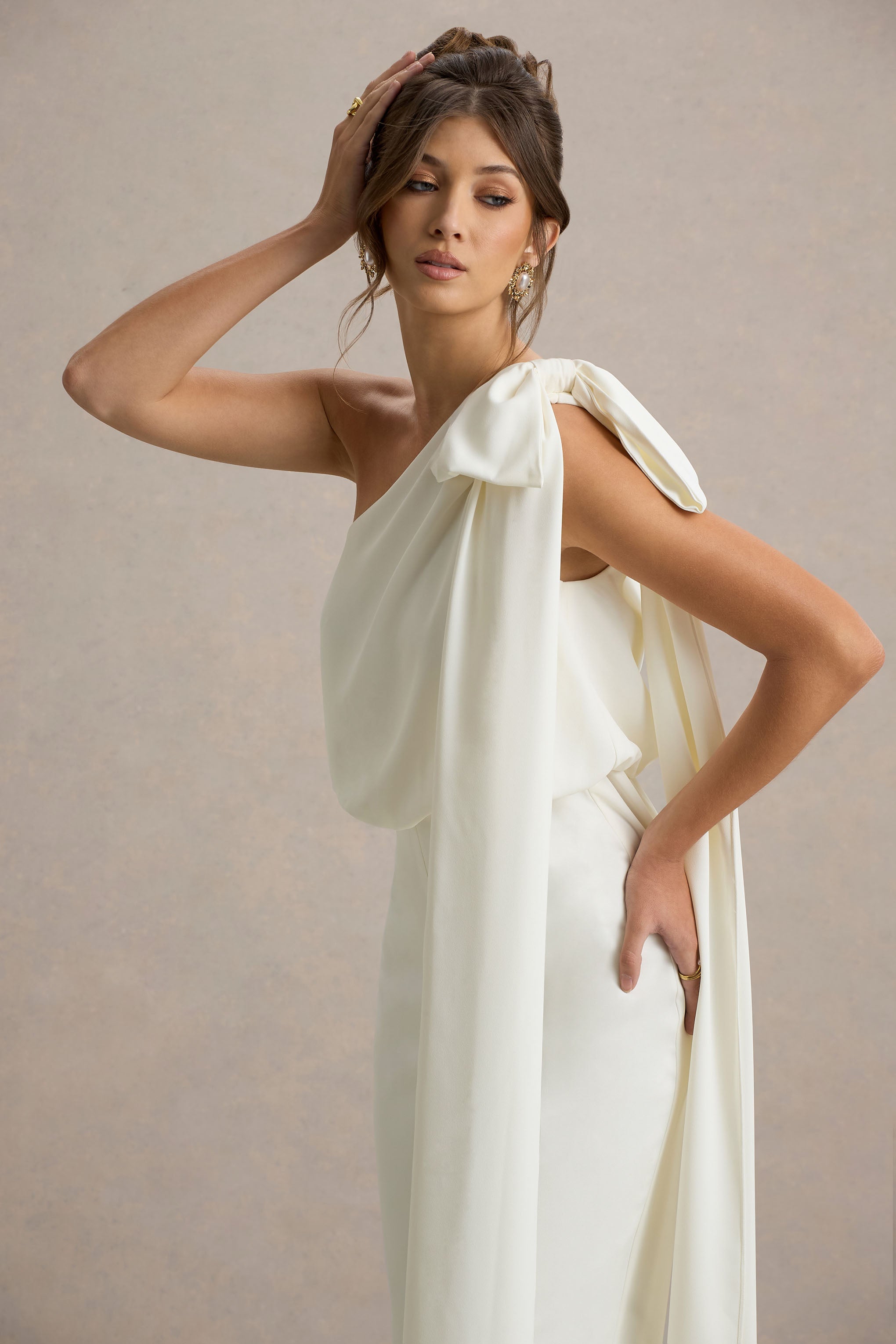 Alice | Cream Asymmetric Bow Shoulder Jumpsuit With Drape