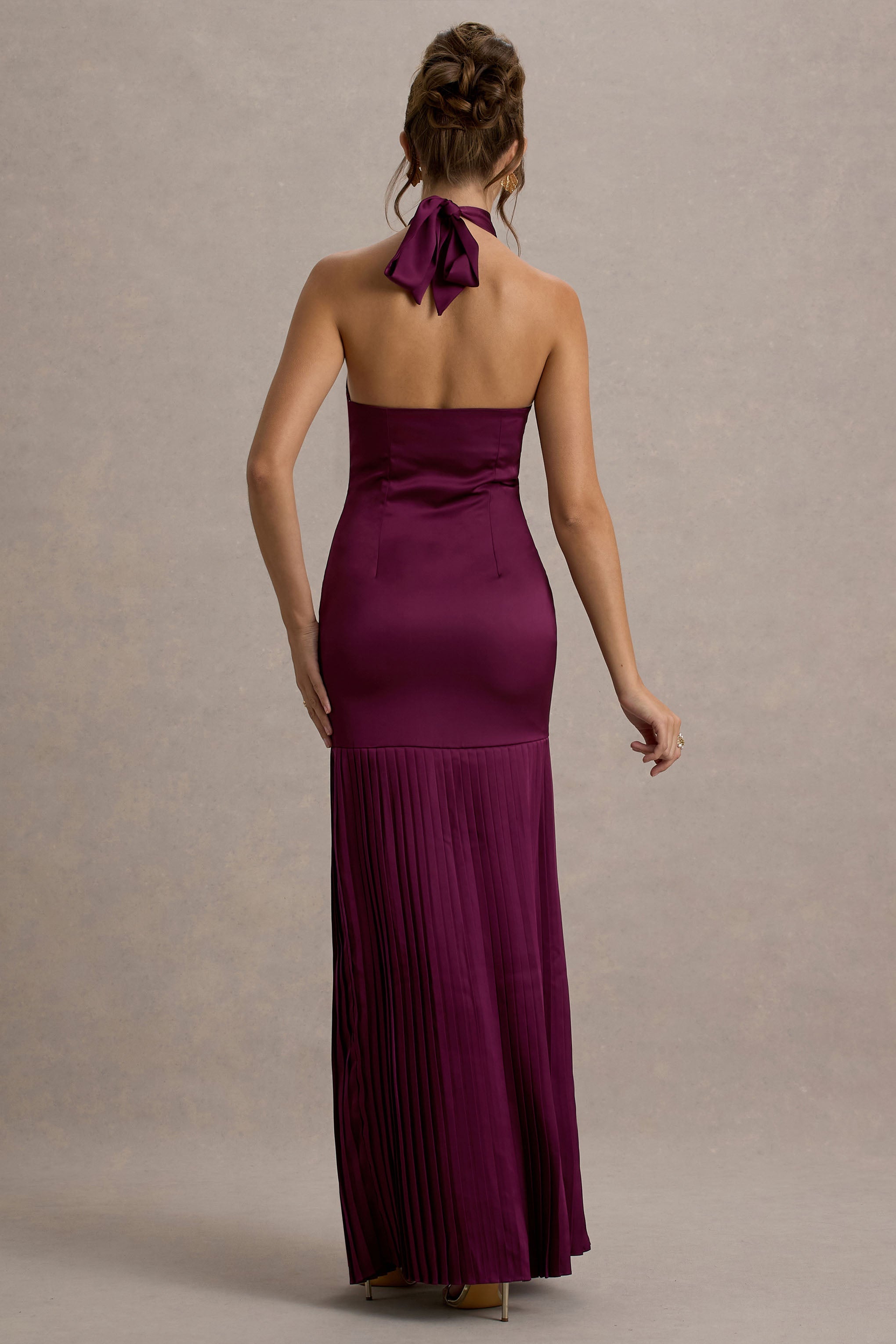 Sansa | Burgundy Satin Cross Halter-Neck Plisse Maxi Dress