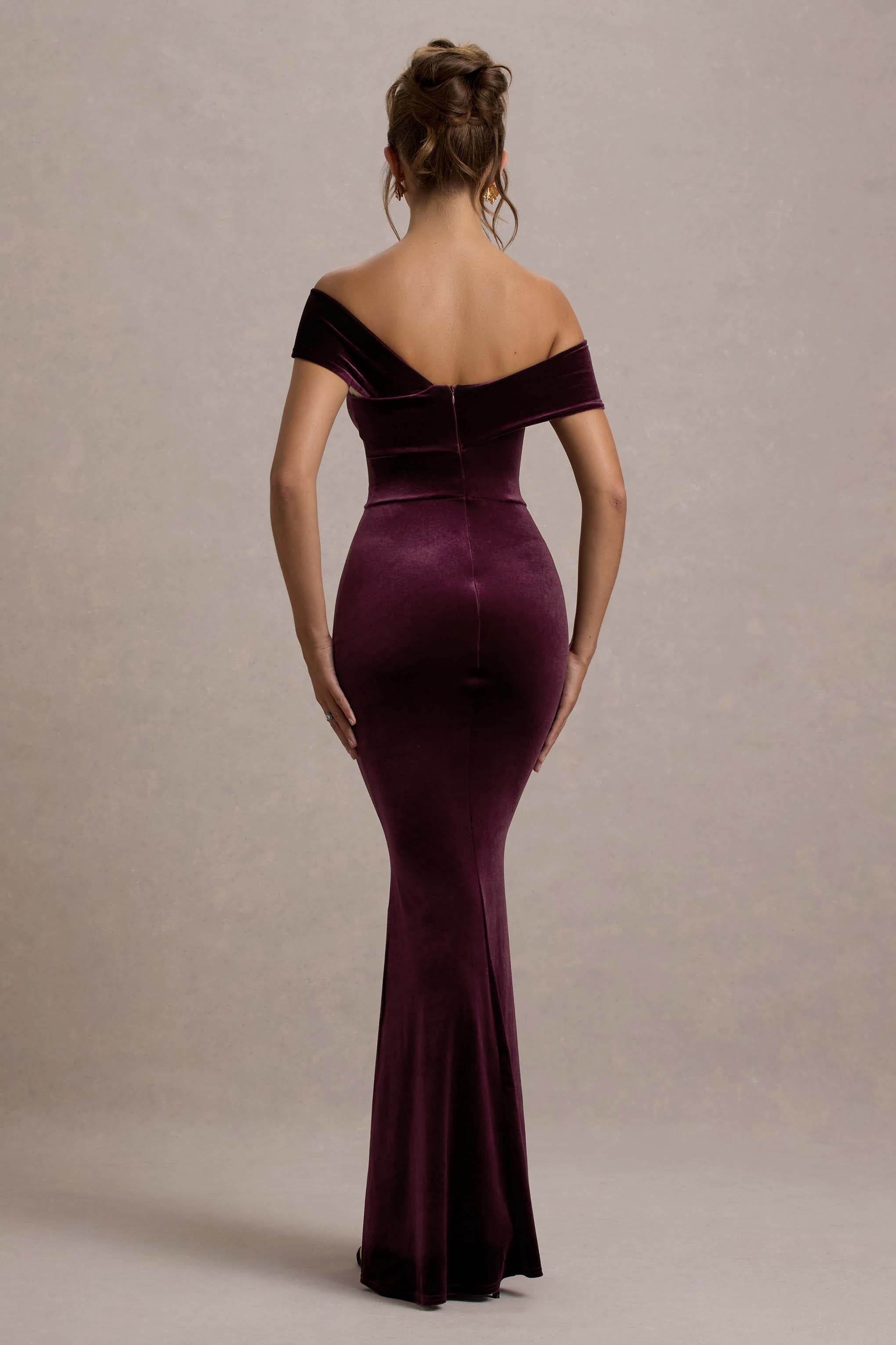 Candela | Port Velvet Asymmetric Bardot Maxi Dress