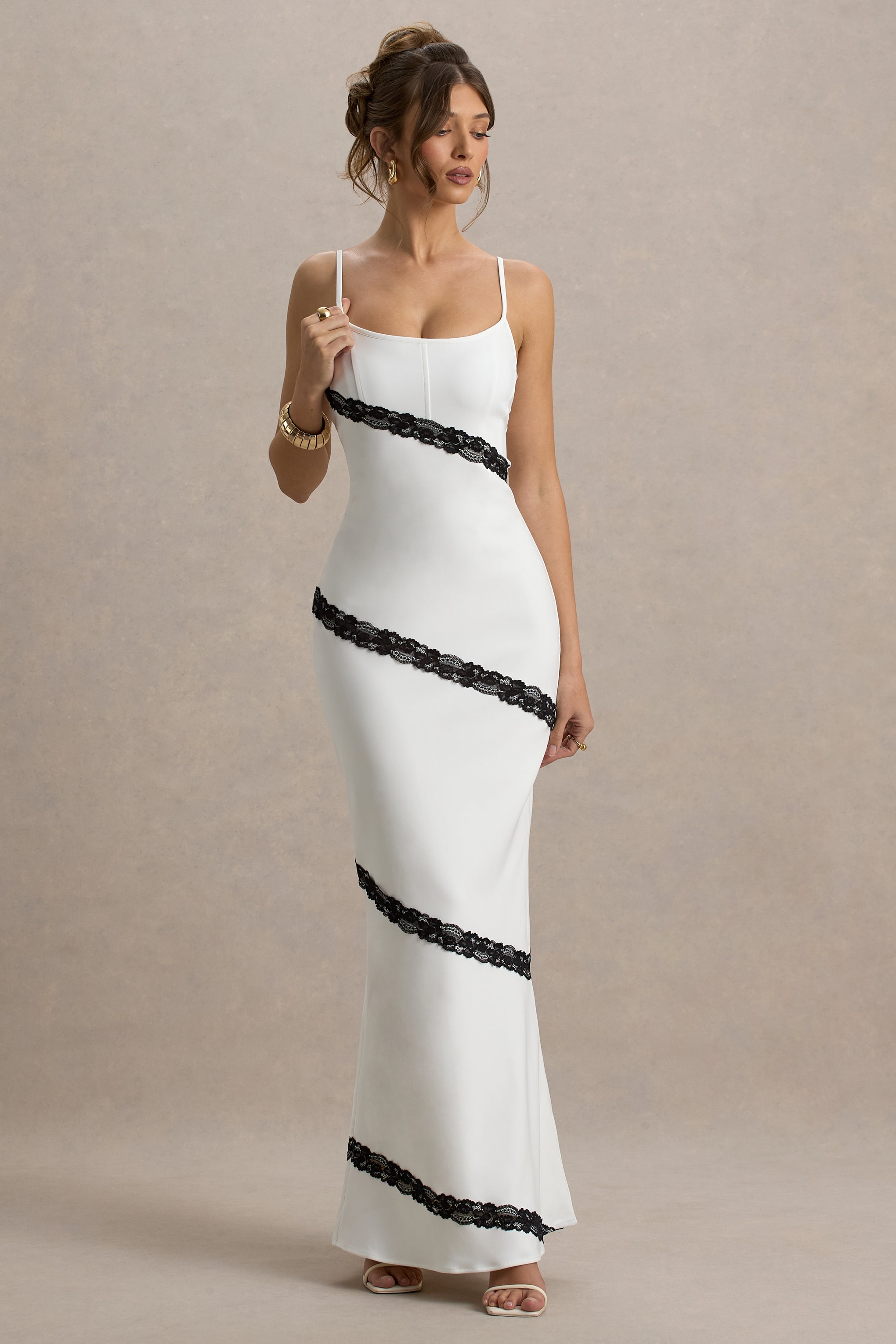 Elizabeth | White & Black Strappy Lace-Trimmed Maxi Dress