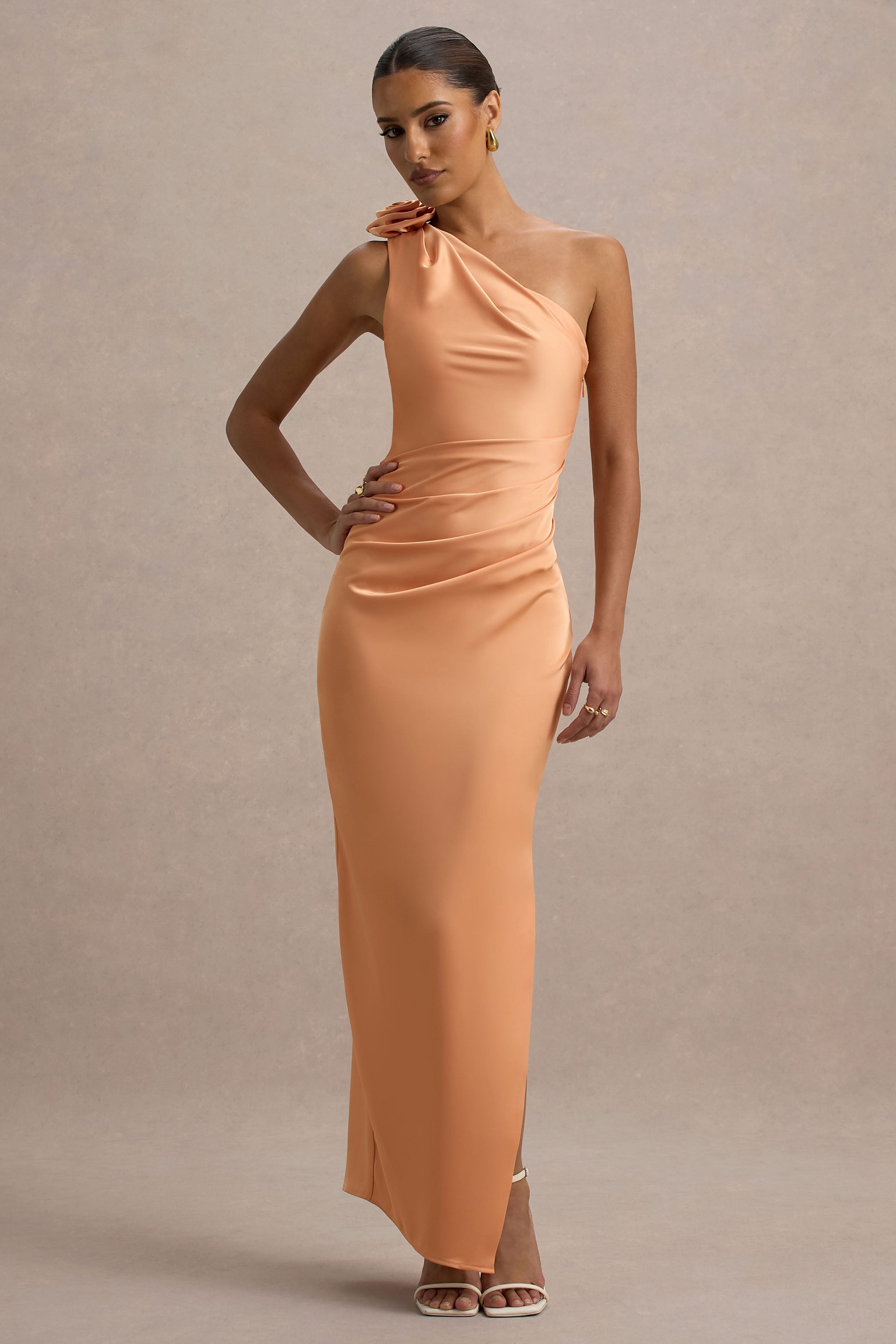 Janette | Peach Satin One-Shoulder Split Maxi Dress With Corsage