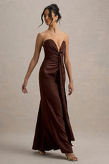 Mackenzie | Brown Satin Plunge-Neck Draped Maxi Dress