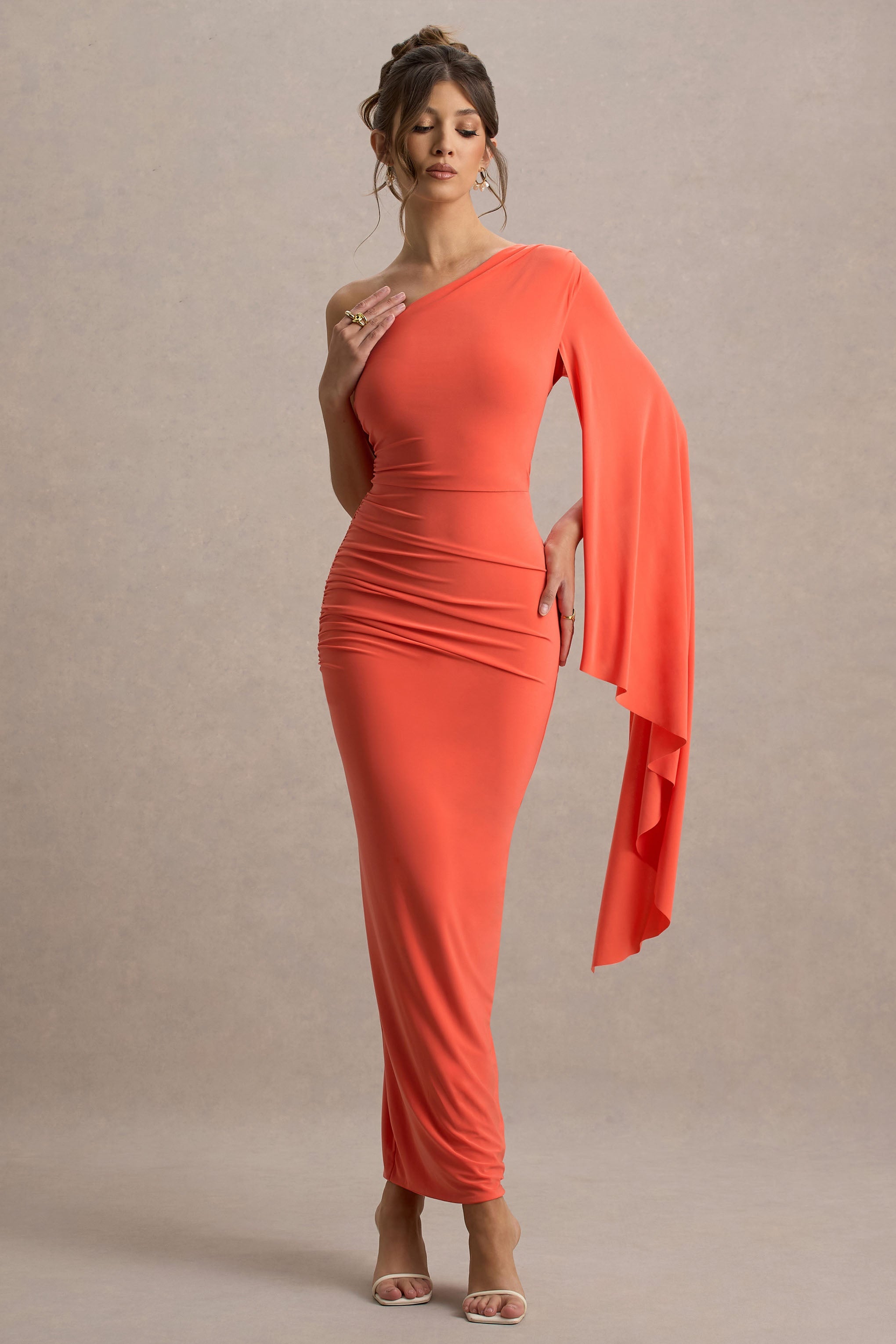 Clementina | Orange Asymmetric Cape Sleeve Maxi Dress