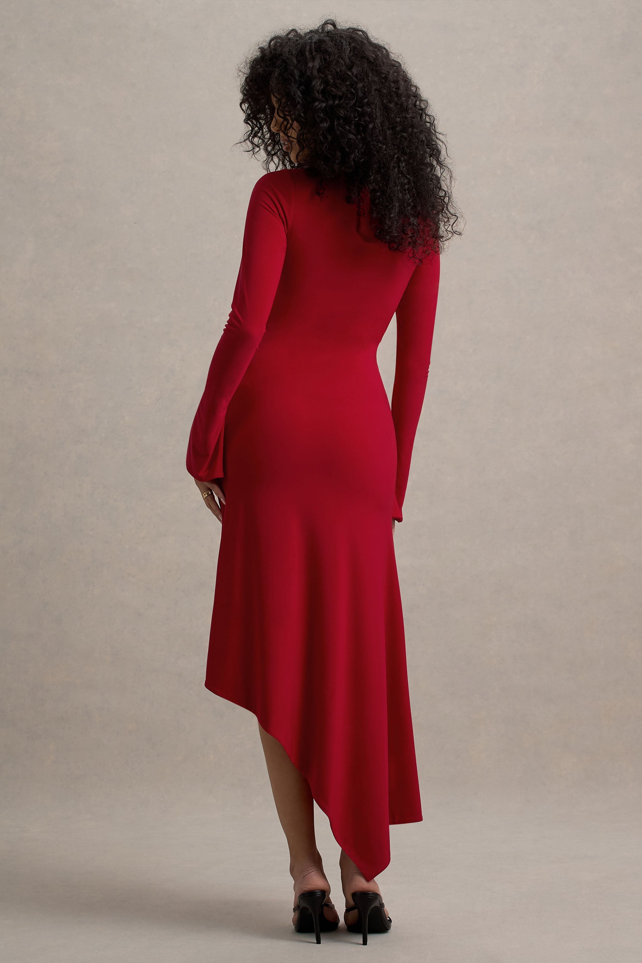 Serenita | Red Asymmetric Long-Sleeve Midi Dress