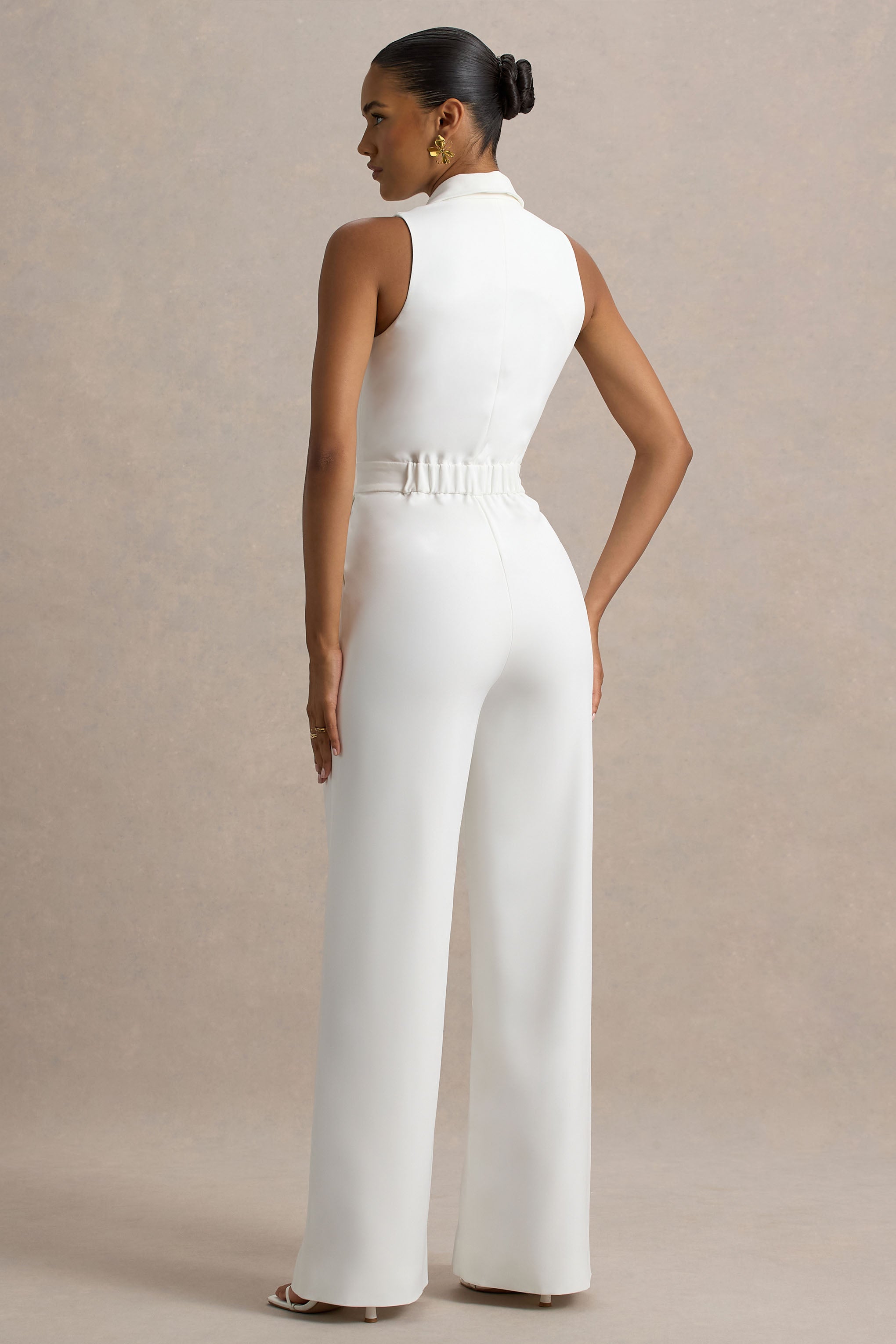 Trixie | White Plunge-Neck Tailored Jumpsuit
